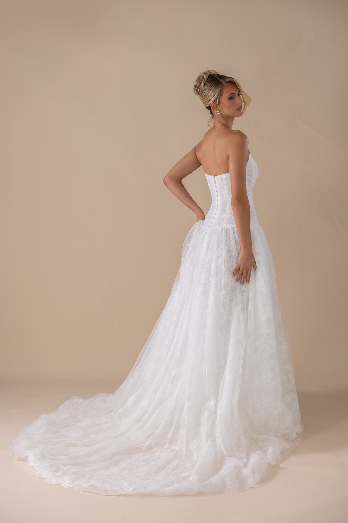 ELAINE lace and tulle A-line wedding dress with sheer lace cape by Miss Chloe
