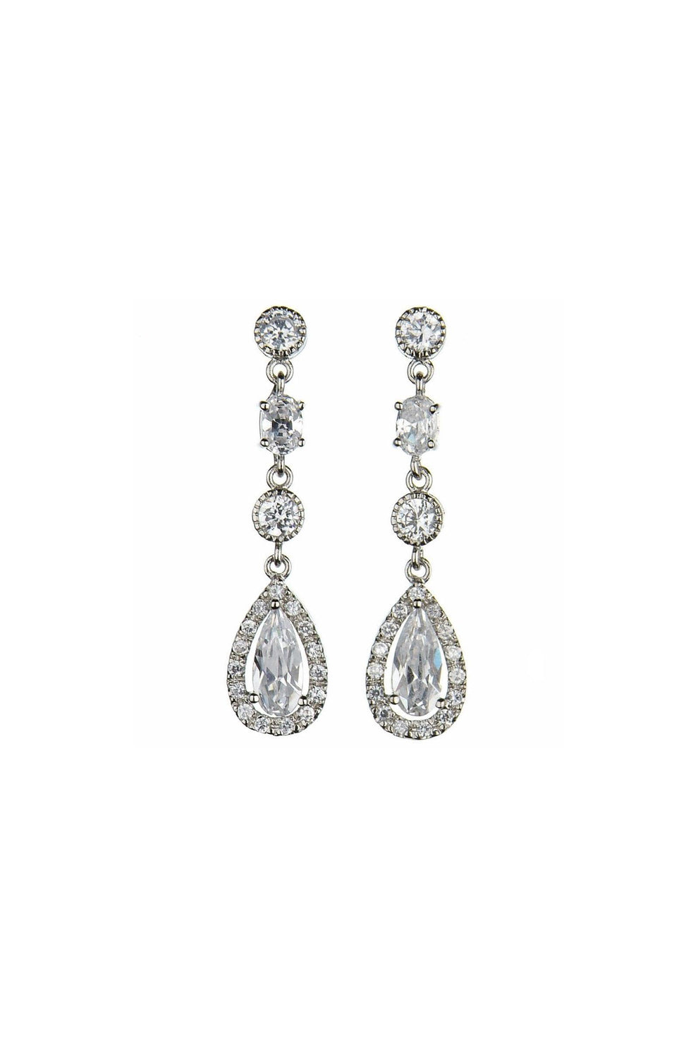Cubic zirconia drop earring with larger pear cut gem at bottonm