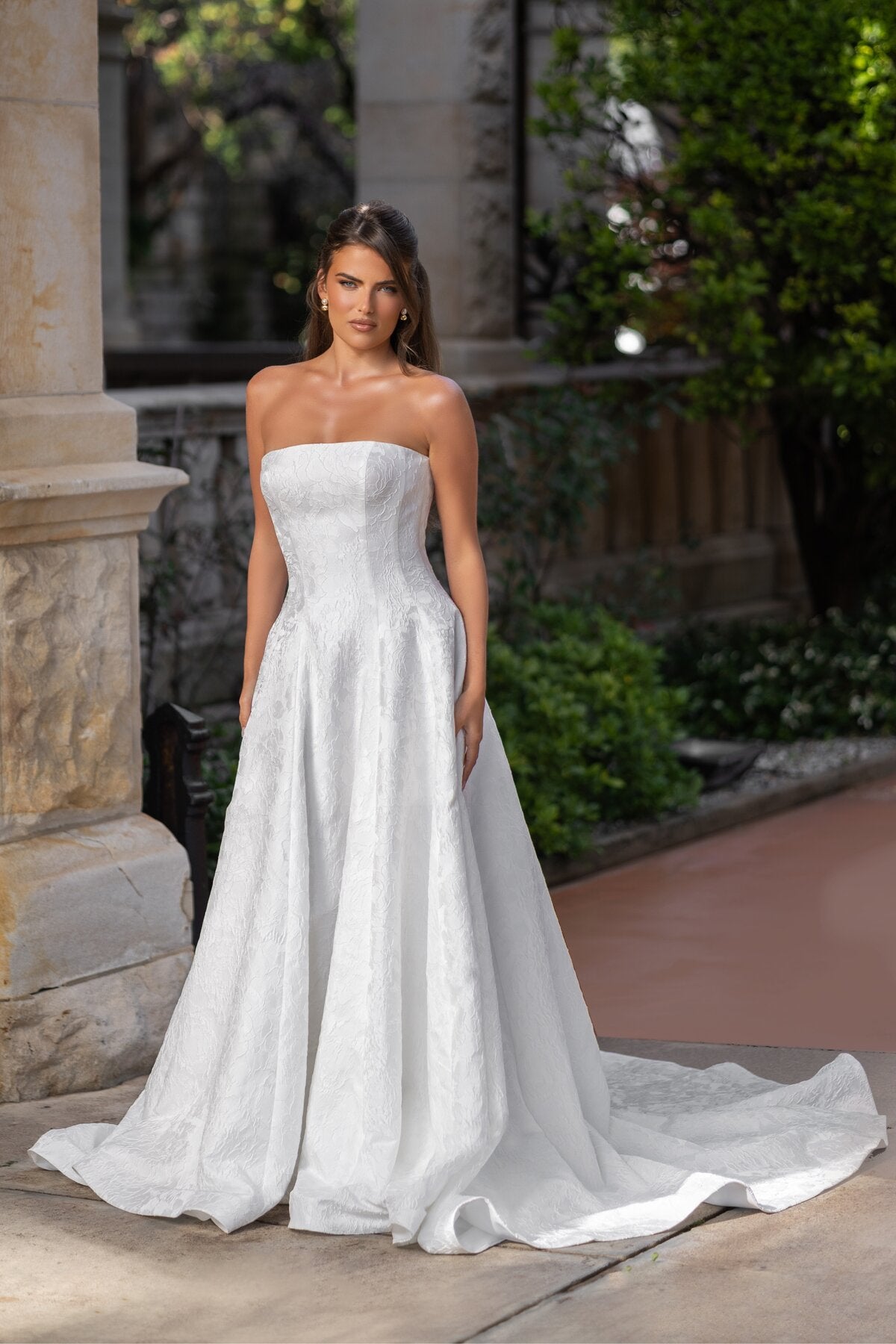 ADELE strapless floral jacquard A-line wedding dress with straight neckline by Jessica Couture