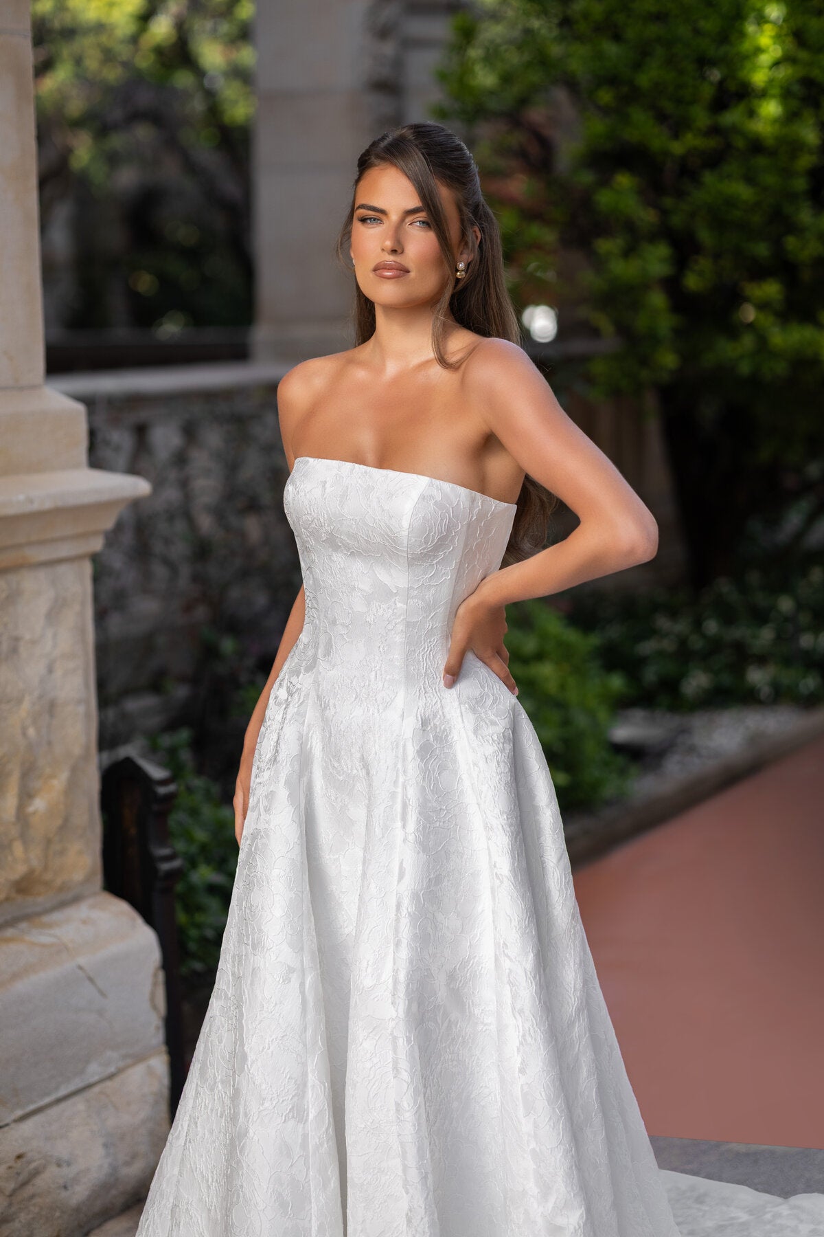 ADELE strapless floral jacquard A-line wedding dress with straight neckline by Jessica Couture