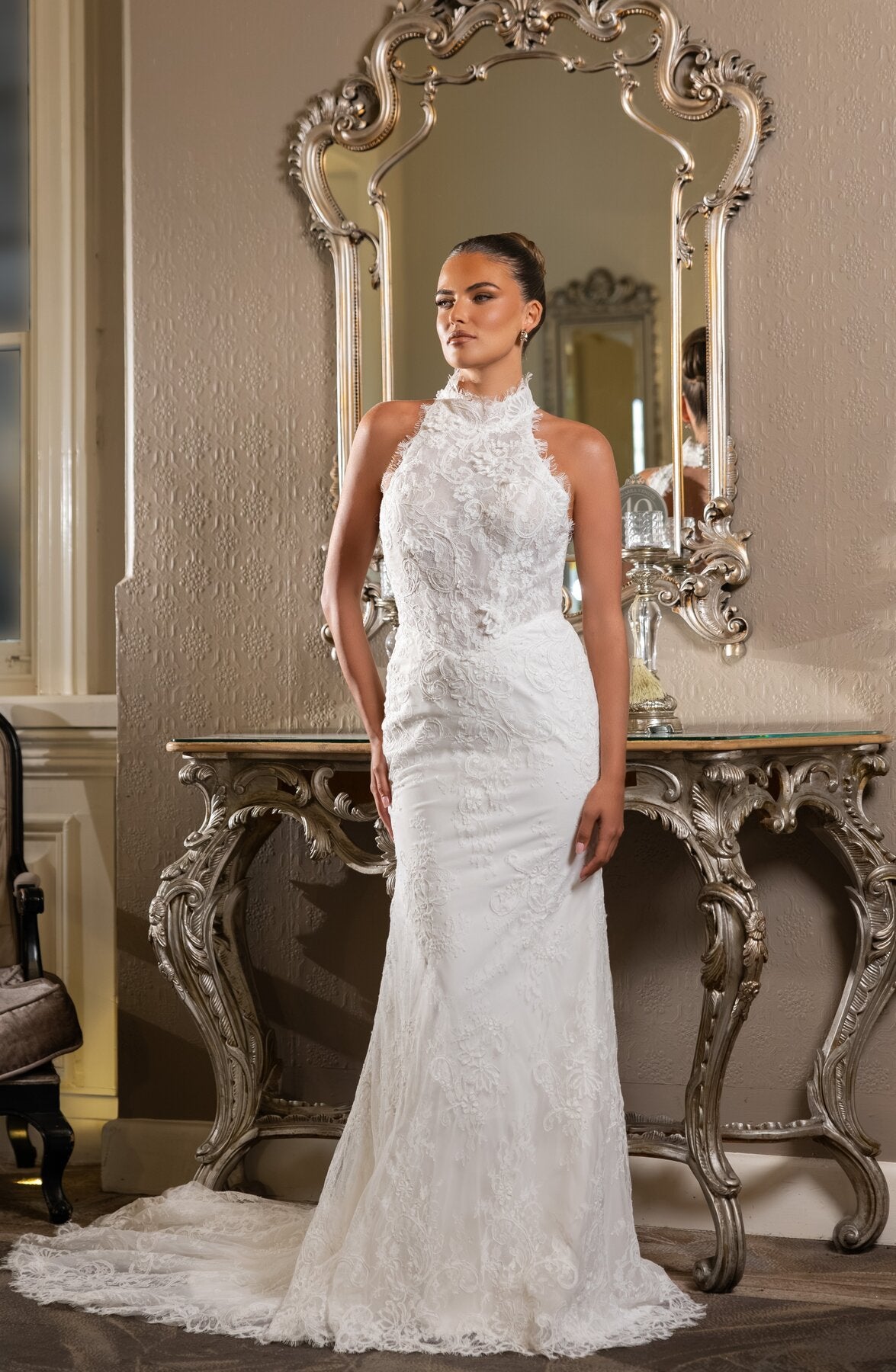 ANGELINA halter neck fitted lace wedding dress with dramatic open back and sweeping train by Jessica Couture