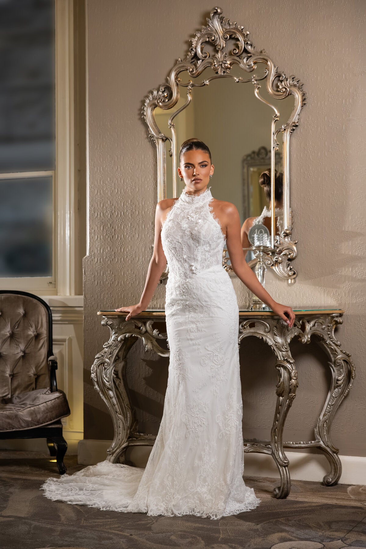 ANGELINA halter neck fitted lace wedding dress with dramatic open back and sweeping train by Jessica Couture