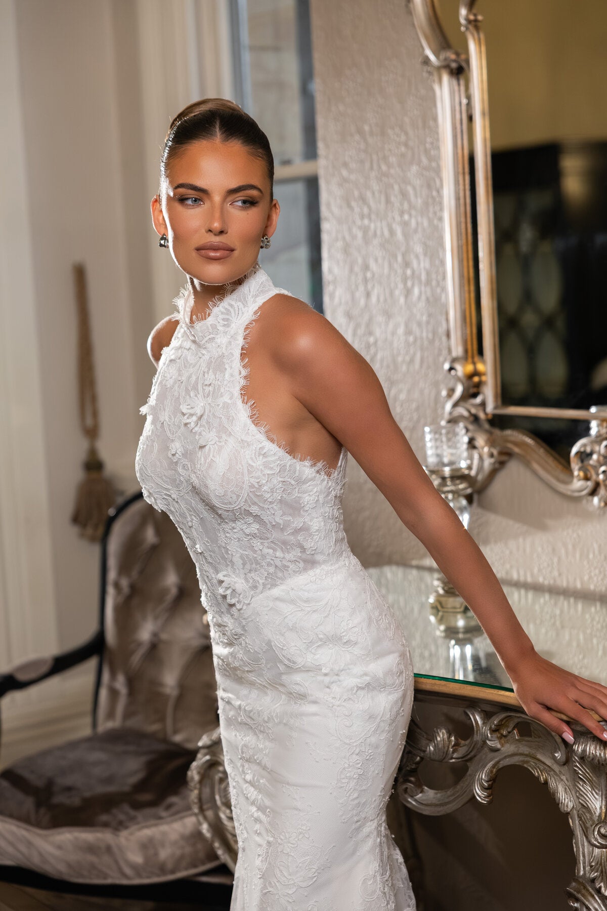 ANGELINA halter neck fitted lace wedding dress with dramatic open back and sweeping train by Jessica Couture