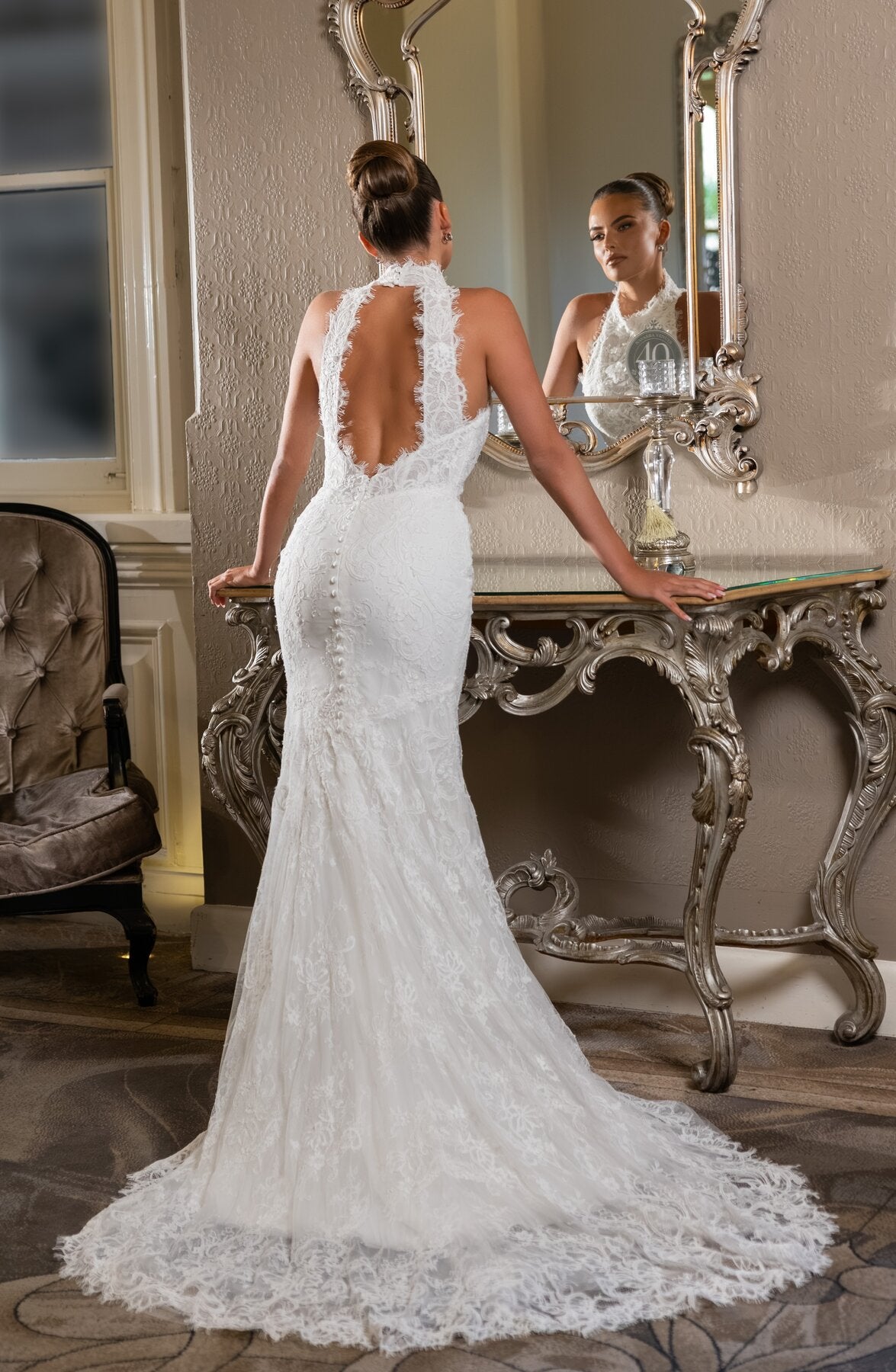 ANGELINA halter neck fitted lace wedding dress with dramatic open back and sweeping train by Jessica Couture