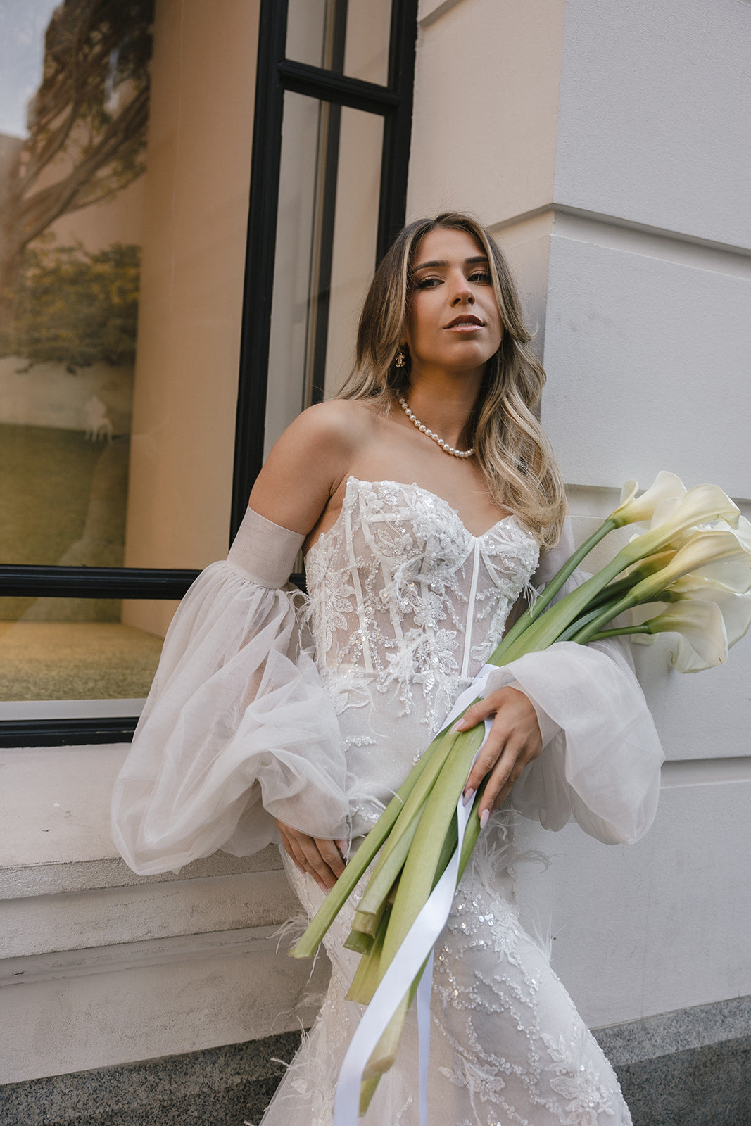 ASHER Bridal gown - by Windsor collection Jessica Couture. Fitted, Sweetheart neckline Beaded lace gown with Tulle sleeves 