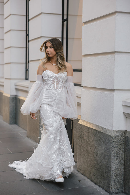 ASHER Bridal gown - by Windsor collection Jessica Couture. Fitted, Sweetheart neckline Beaded lace gown with Tulle sleeves 