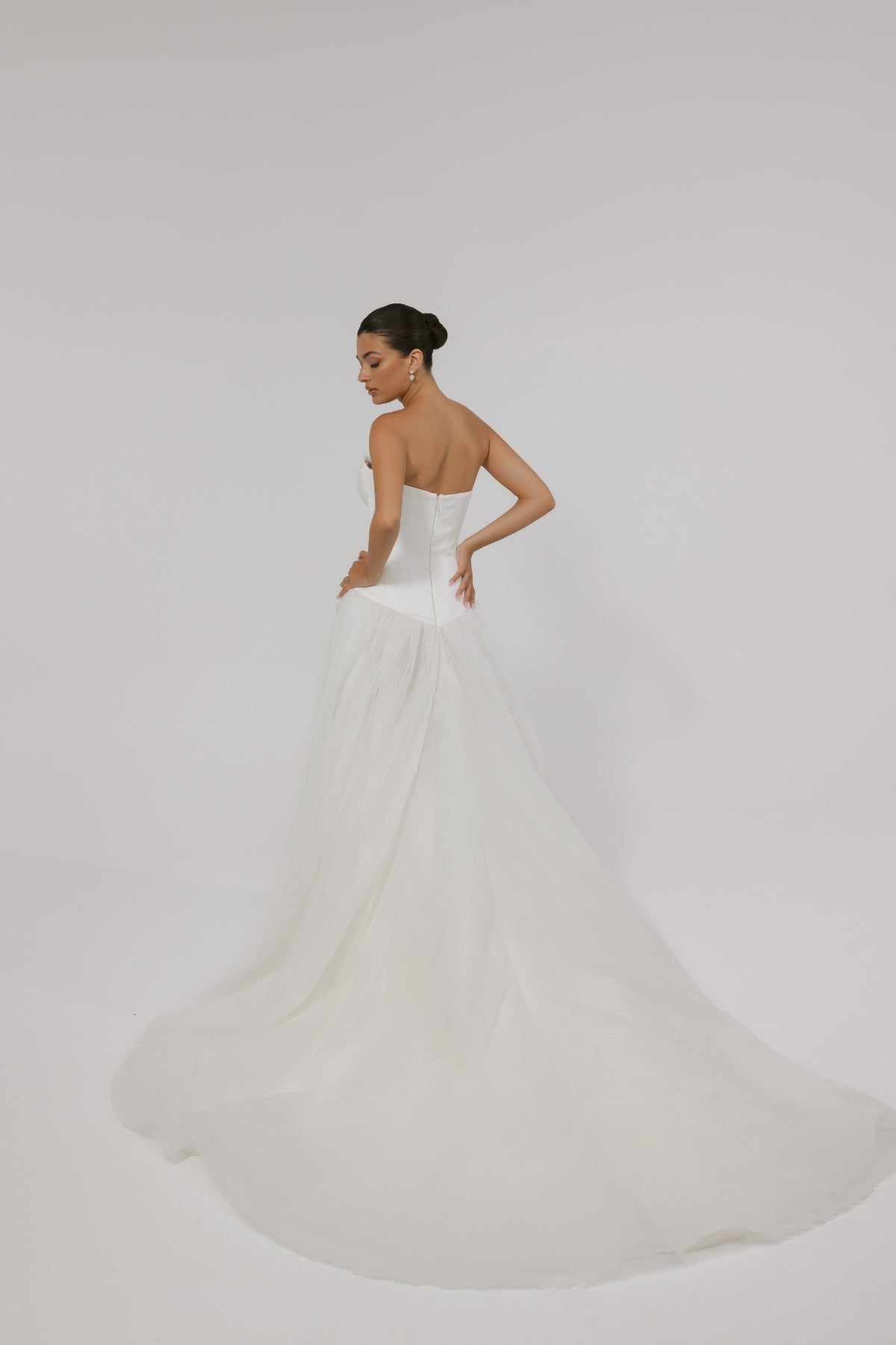 A-line wedding gown with double cups feature, modern, minimal and flowy. 