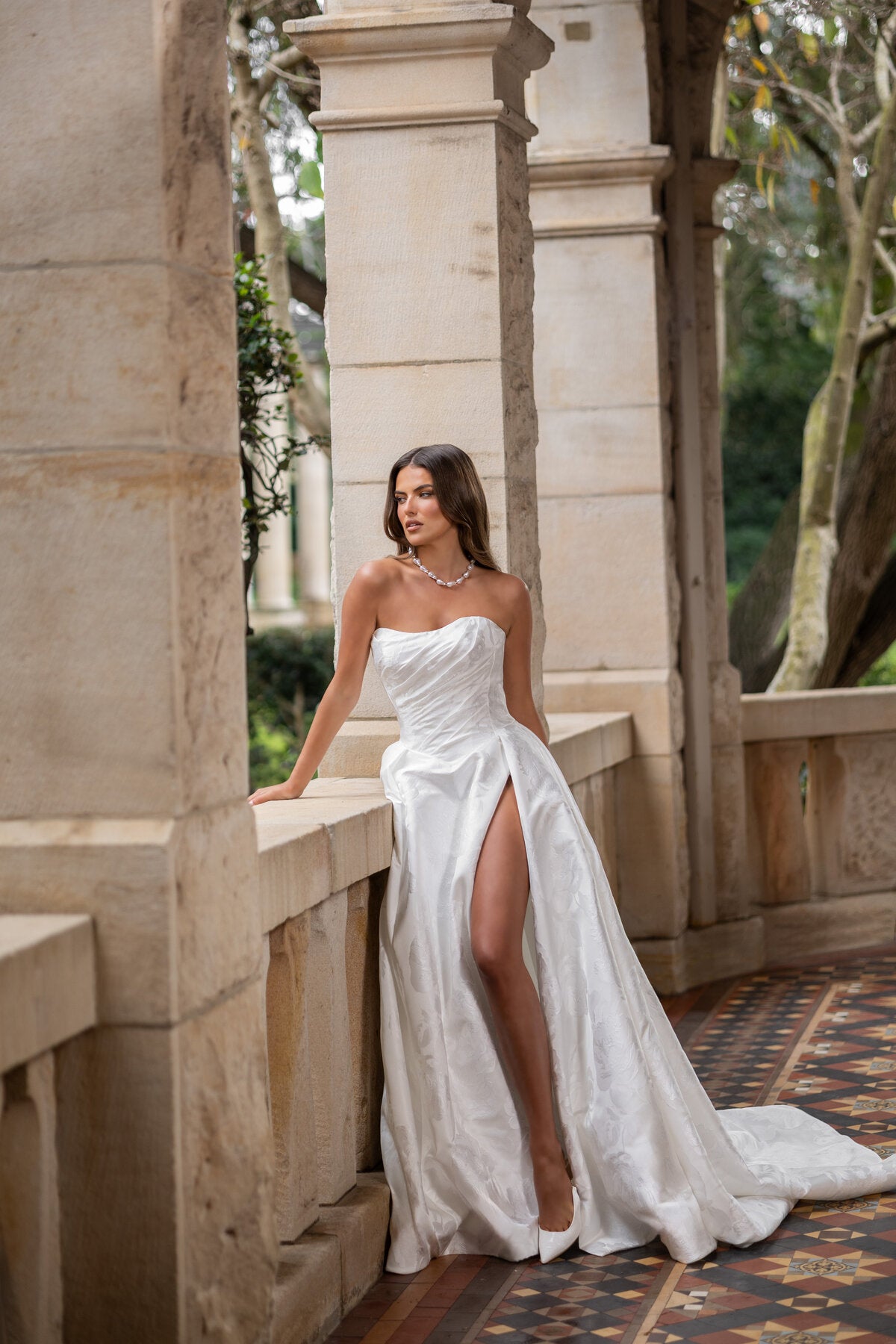 ATLANTA strapless floral jacquard A-line wedding dress with draped bodice and high leg slit by Jessica Couture
