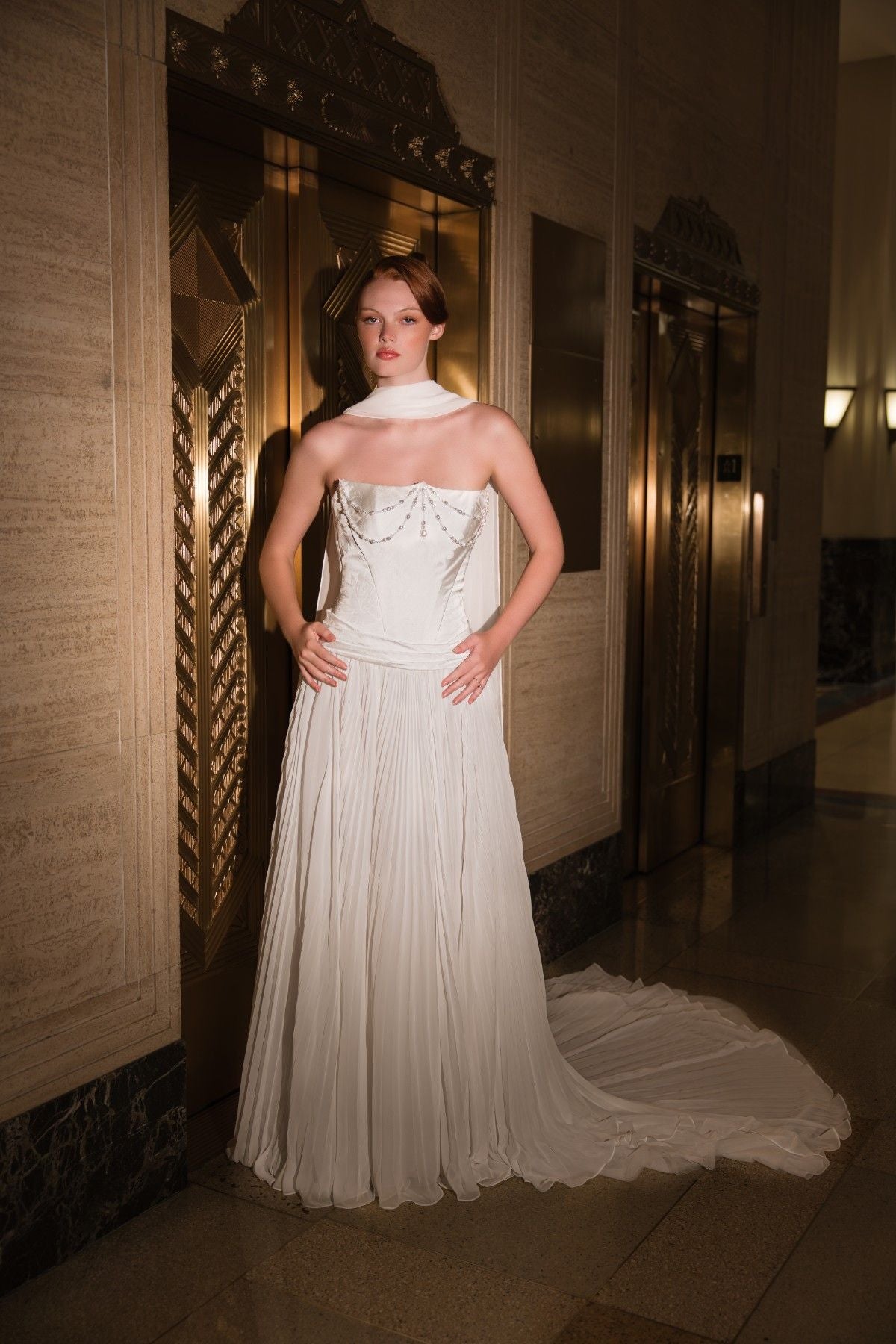 AURELLIA strapless beaded chain-draped satin and chiffon A-line wedding dress, full-length front view, by Atelier Wu