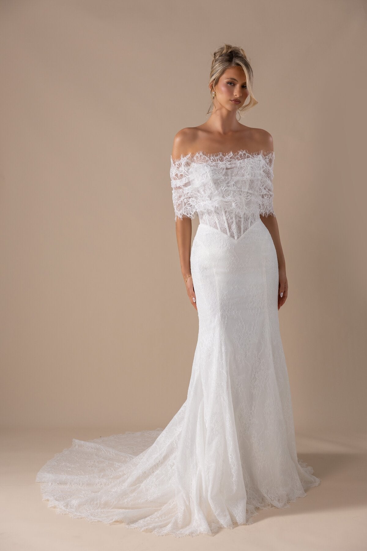AZALEA off-the-shoulder lace trumpet wedding dress with exposed boning by Miss Chloe