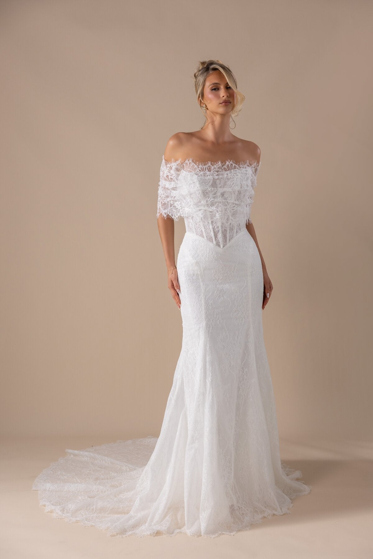 AZALEA off-the-shoulder lace trumpet wedding dress with exposed boning by Miss Chloe