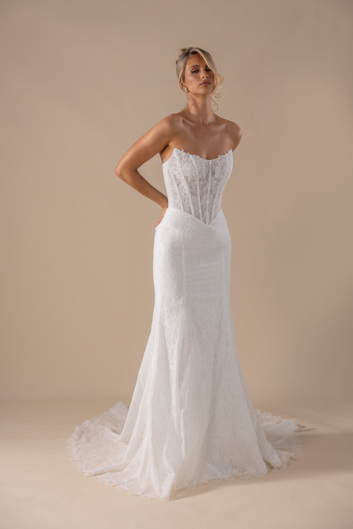 AZALEA off-the-shoulder lace trumpet wedding dress with exposed boning by Miss Chloe