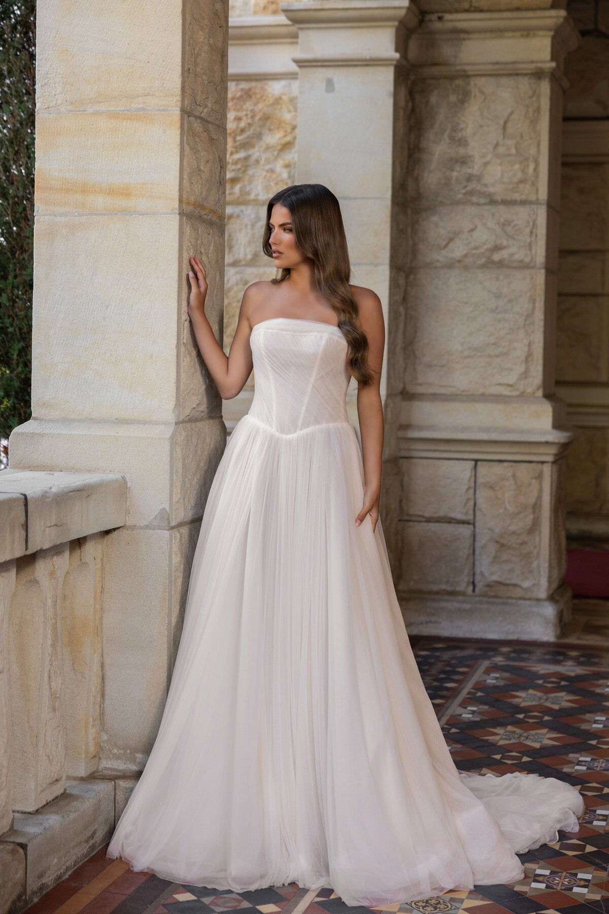 BRIANNA strapless tulle A-line wedding dress with straight neckline and softly draped bodice by Jessica Couture