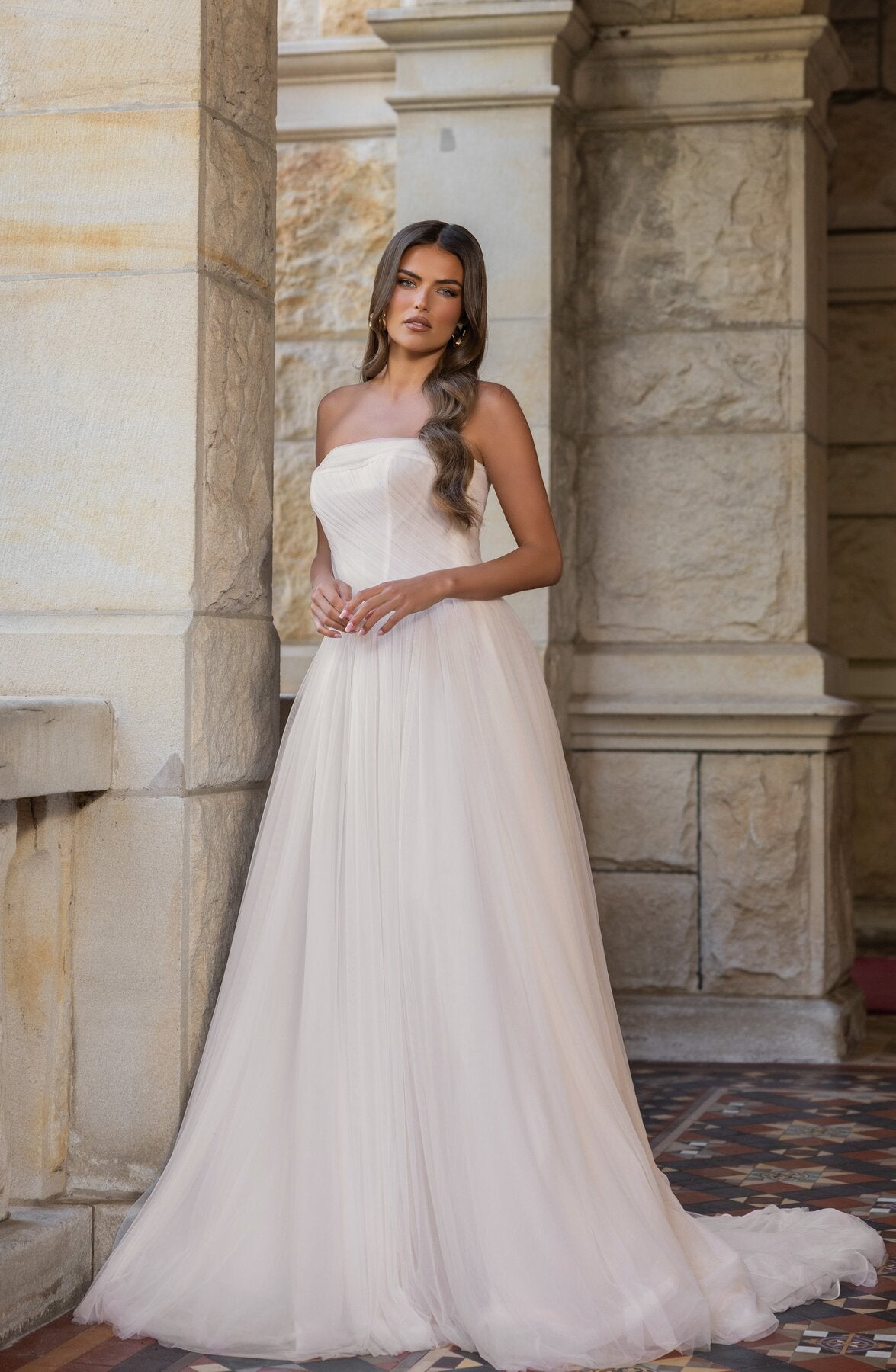 BRIANNA strapless tulle A-line wedding dress with straight neckline and softly draped bodice by Jessica Couture
