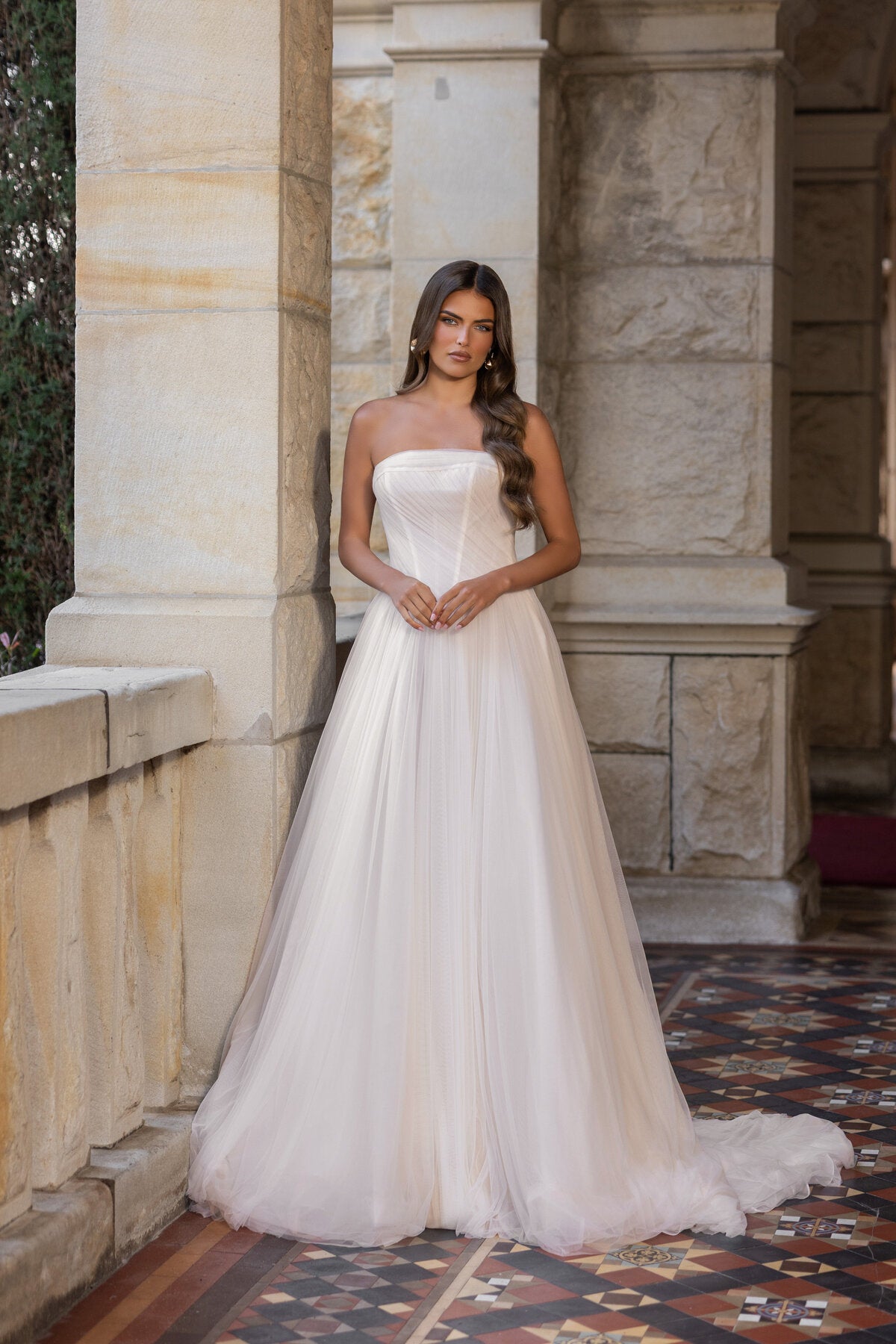 BRIANNA strapless tulle A-line wedding dress with straight neckline and softly draped bodice by Jessica Couture