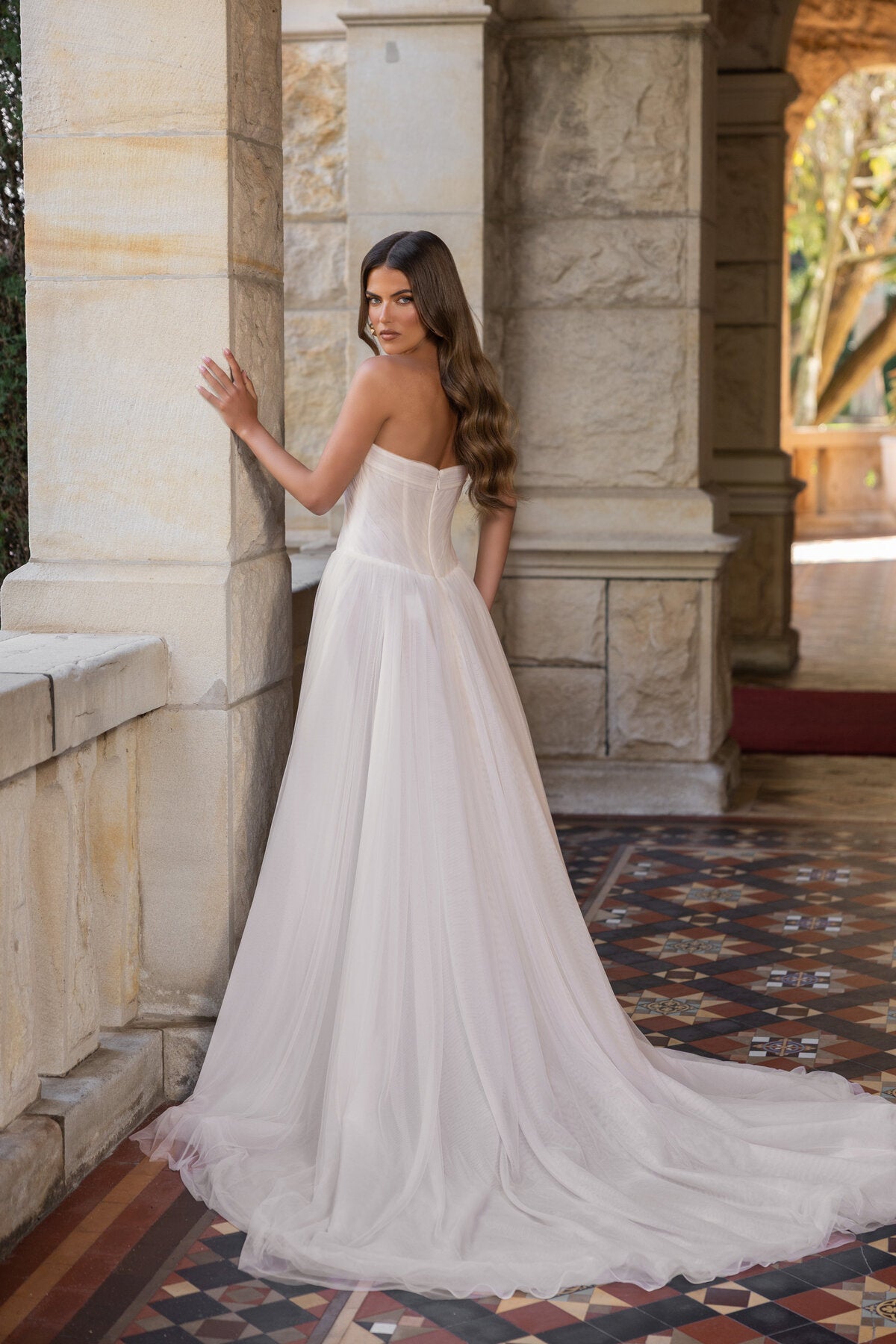 BRIANNA strapless tulle A-line wedding dress with straight neckline and softly draped bodice by Jessica Couture