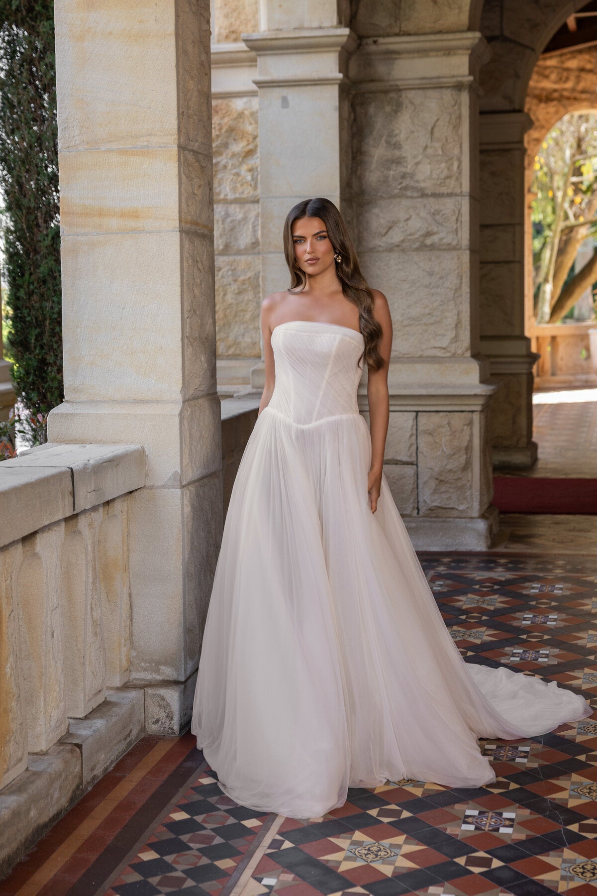 BRIANNA strapless tulle A-line wedding dress with straight neckline and softly draped bodice by Jessica Couture