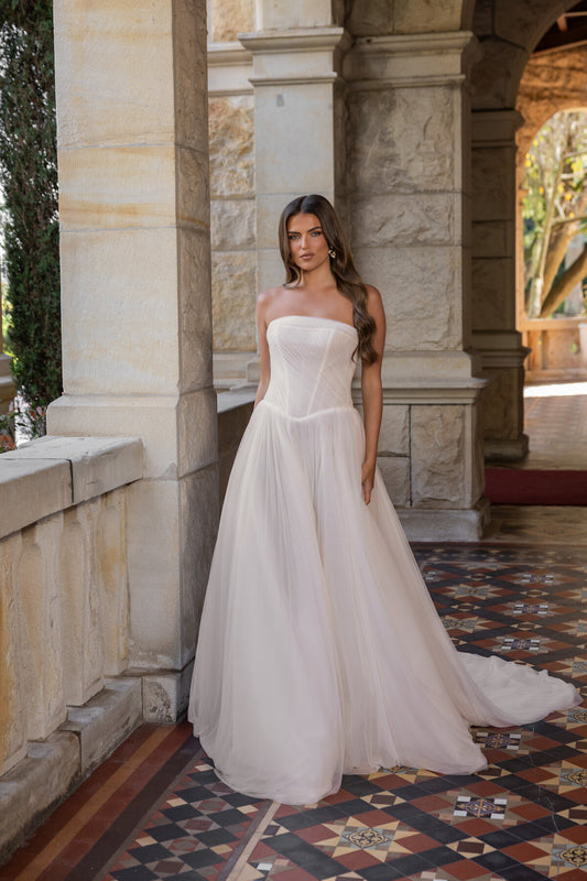 BRIANNA strapless tulle A-line wedding dress with straight neckline and softly draped bodice by Jessica Couture
