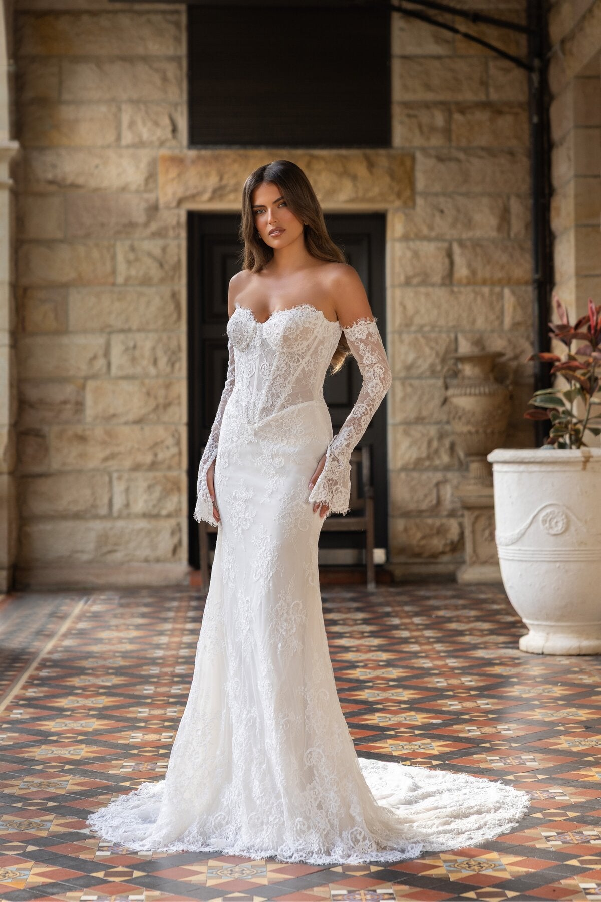 CASEY strapless fitted lace wedding dress with sweetheart neckline and sheer corset bodice by Jessica Couture