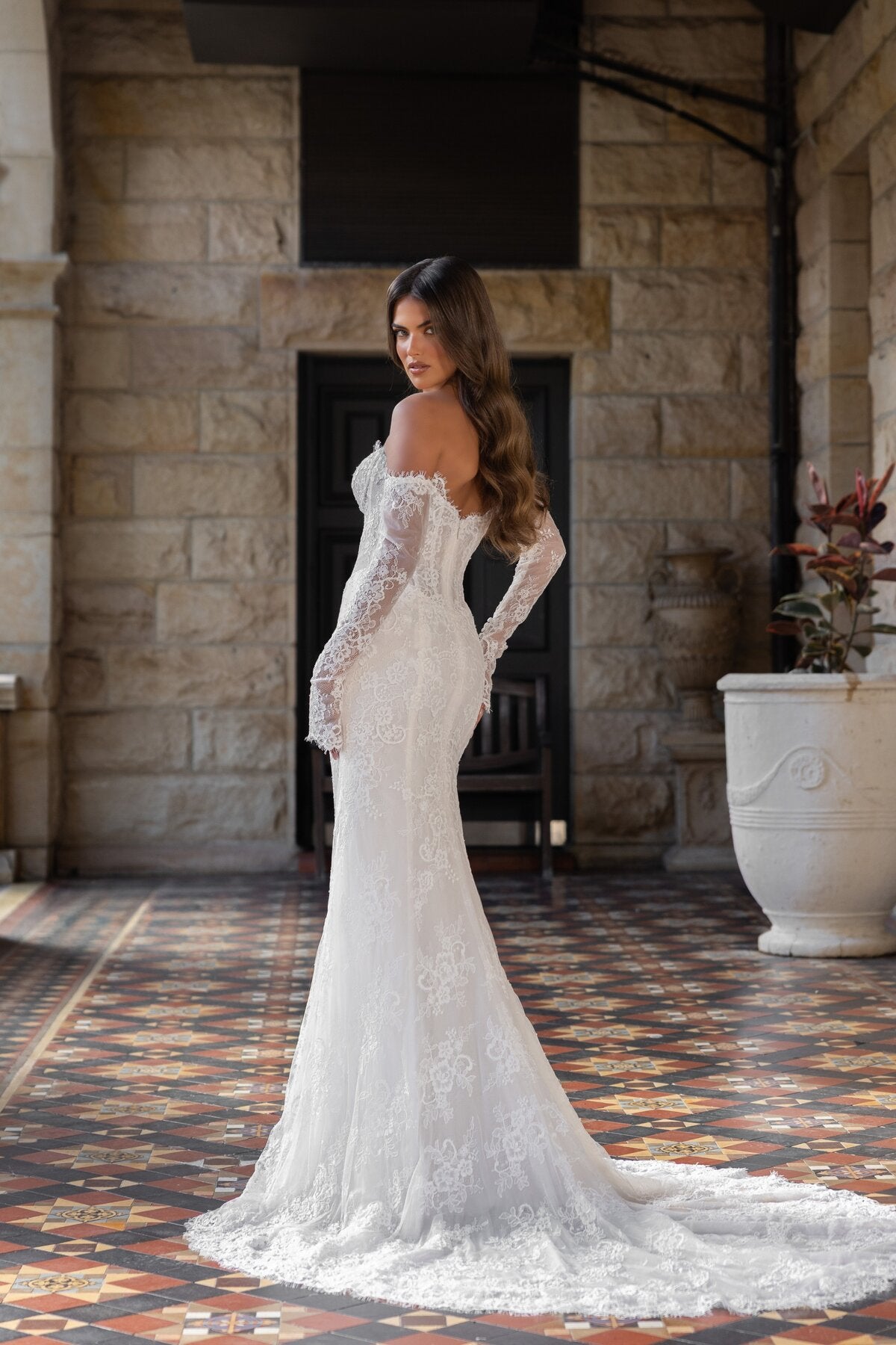 CASEY strapless fitted lace wedding dress with sweetheart neckline and sheer corset bodice by Jessica Couture