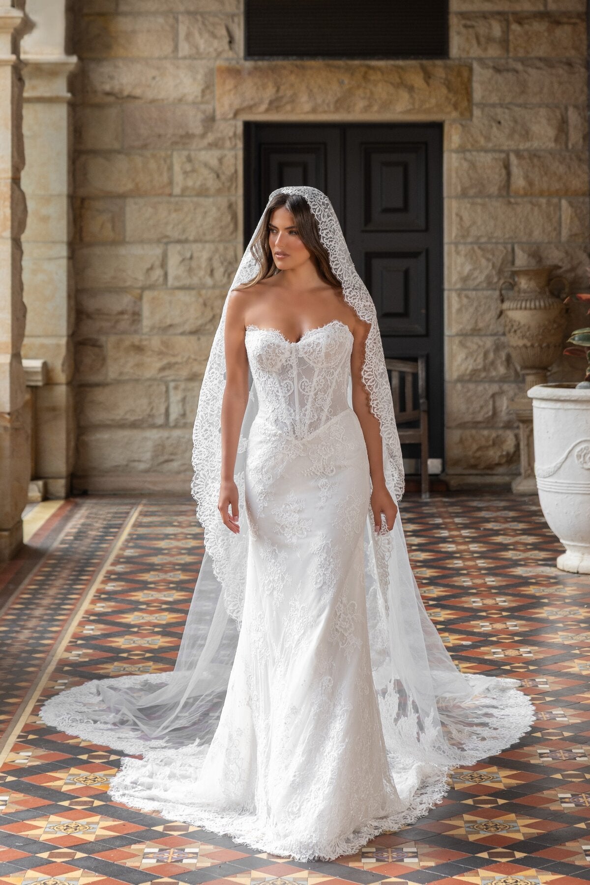 CASEY strapless fitted lace wedding dress with sweetheart neckline and sheer corset bodice by Jessica Couture