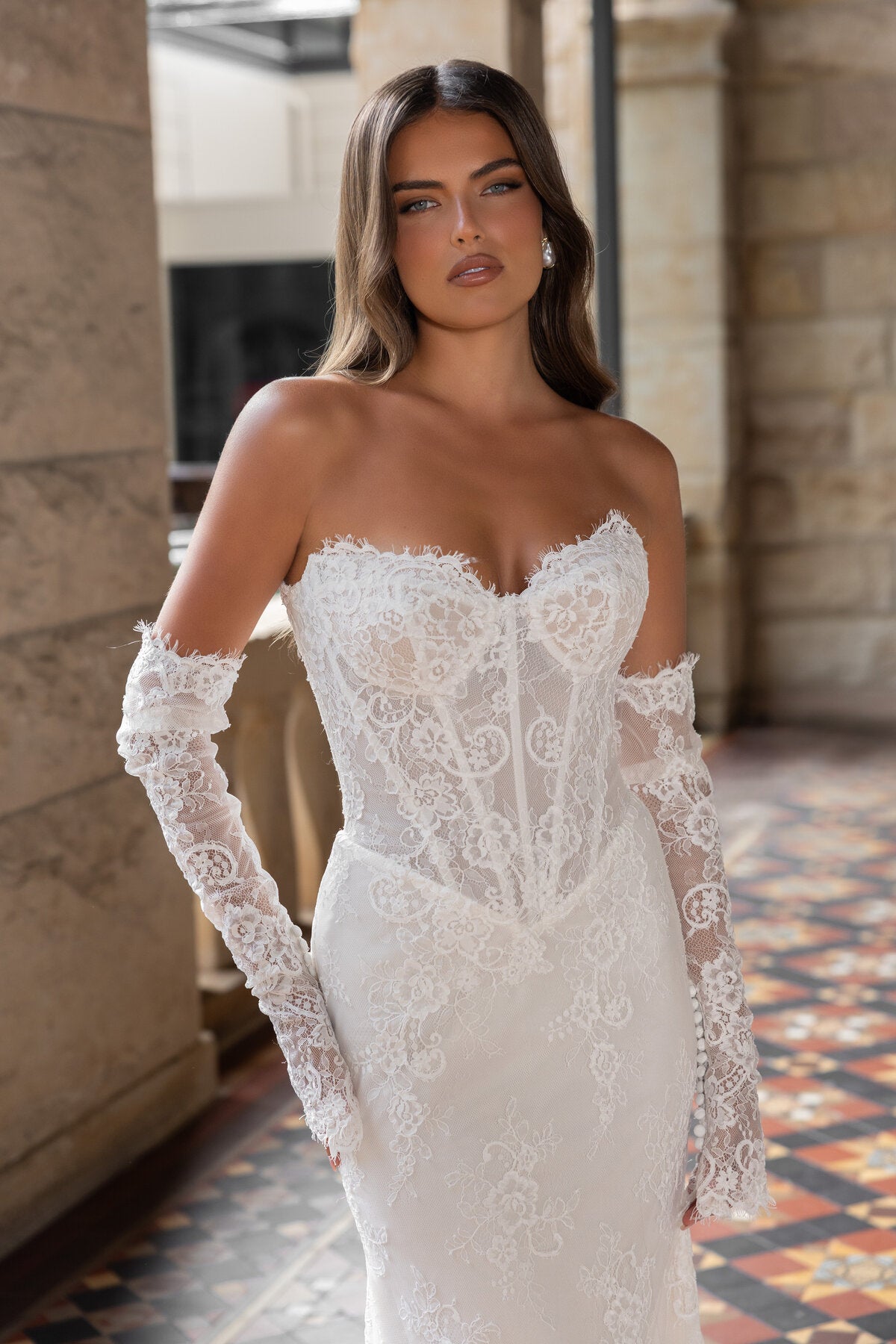 CASEY strapless fitted lace wedding dress with sweetheart neckline and sheer corset bodice by Jessica Couture