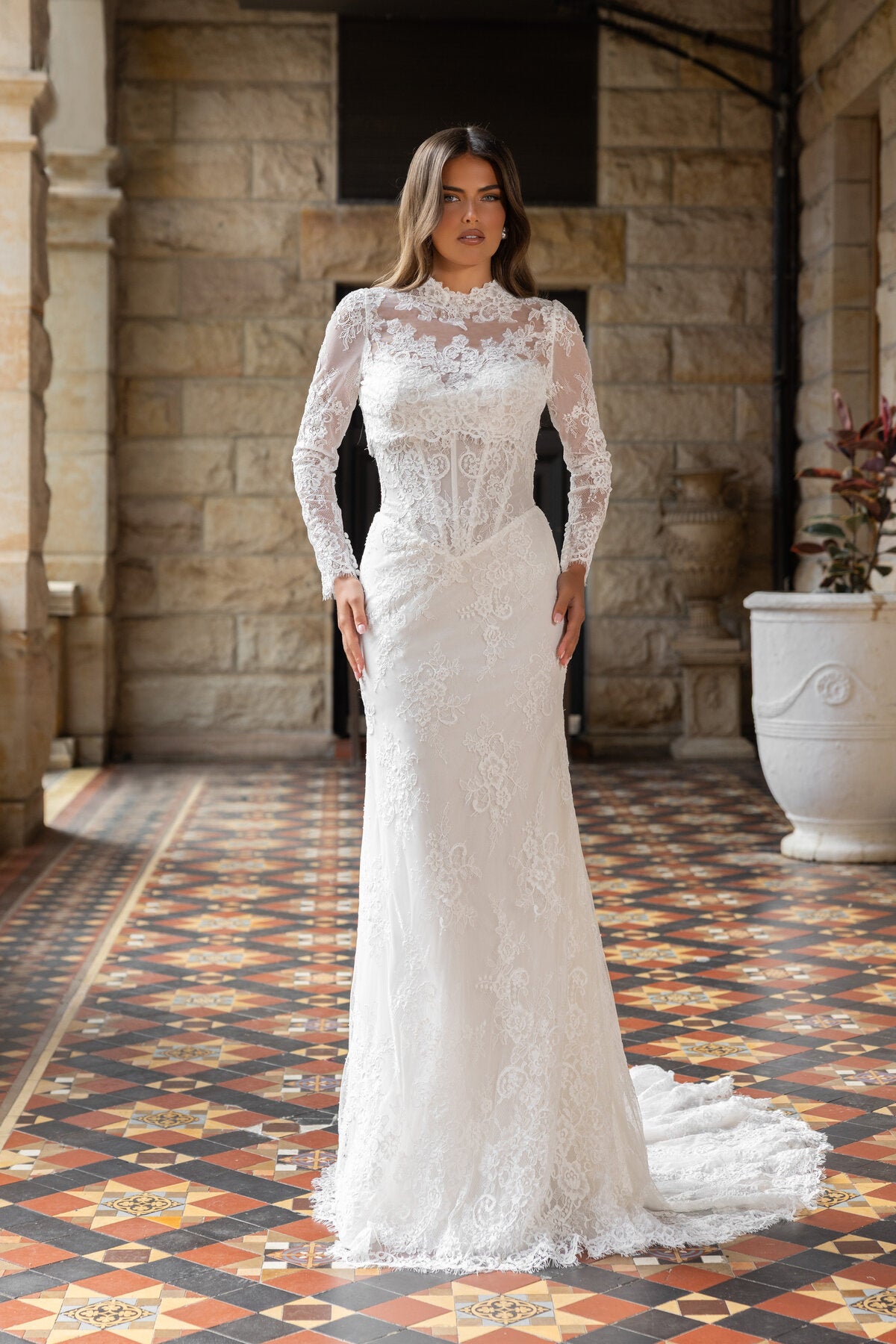 CASEY strapless fitted lace wedding dress with sweetheart neckline and sheer corset bodice by Jessica Couture