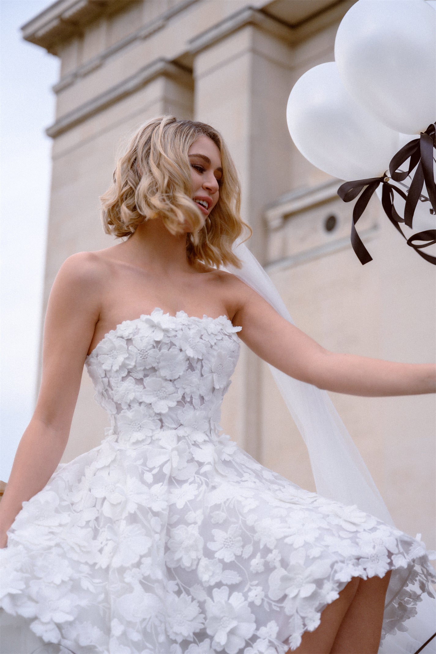 3d Floral A-line Mini bridal dress 