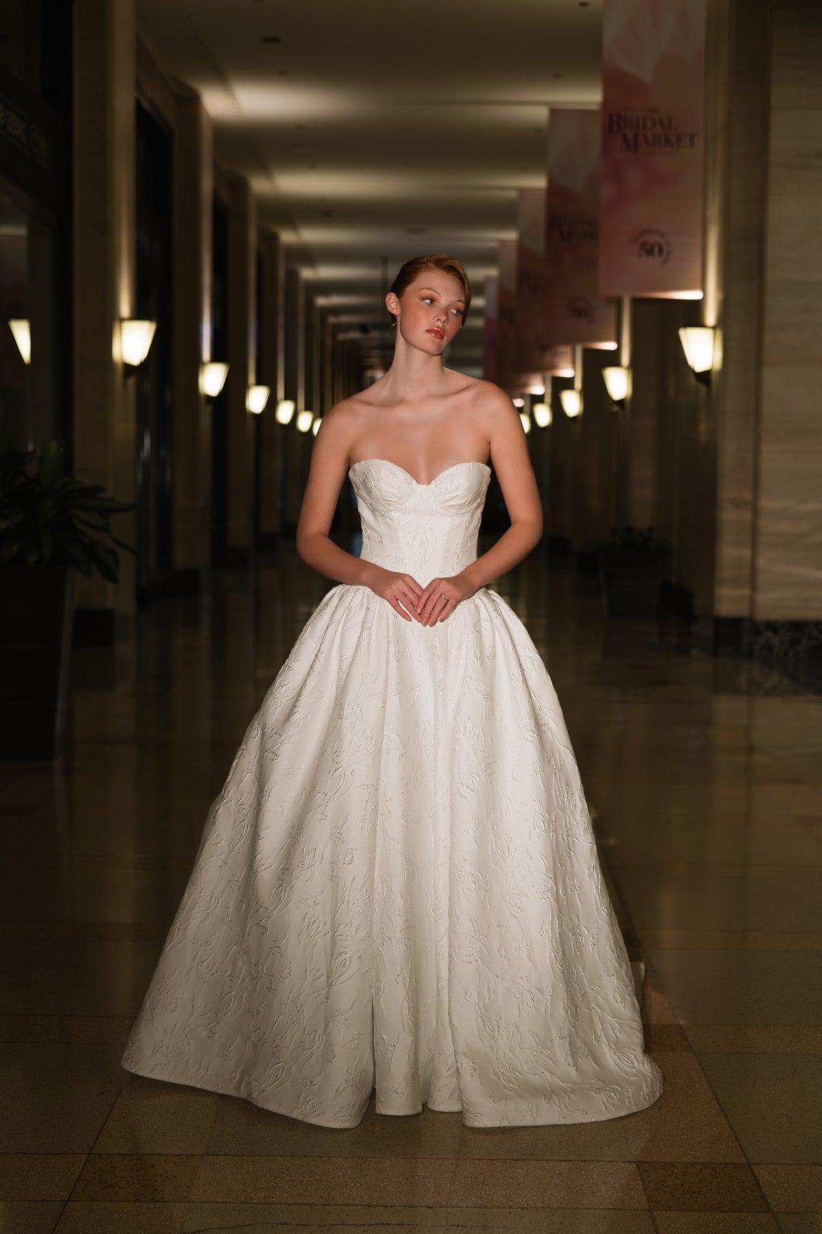 CHRISSY strapless sweetheart jacquard ballgown wedding dress, front view showing full skirt, by Atelier Wu