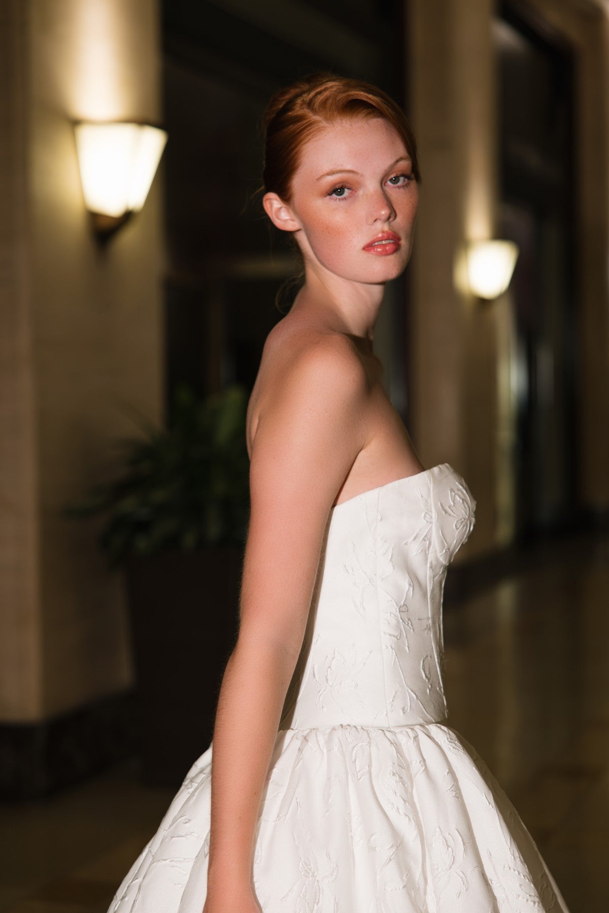 CHRISSY strapless sweetheart jacquard ballgown wedding dress, side close-up of the structured bodice, by Atelier Wu