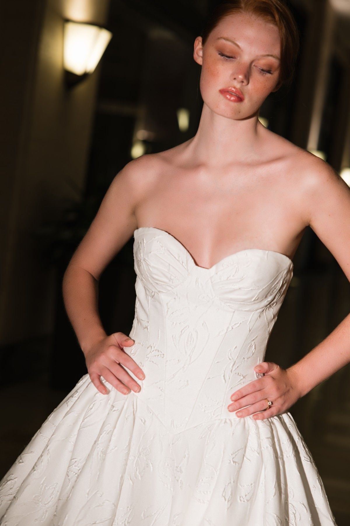 CHRISSY strapless sweetheart jacquard ballgown wedding dress, close-up of the sweetheart bodice, by Atelier Wu