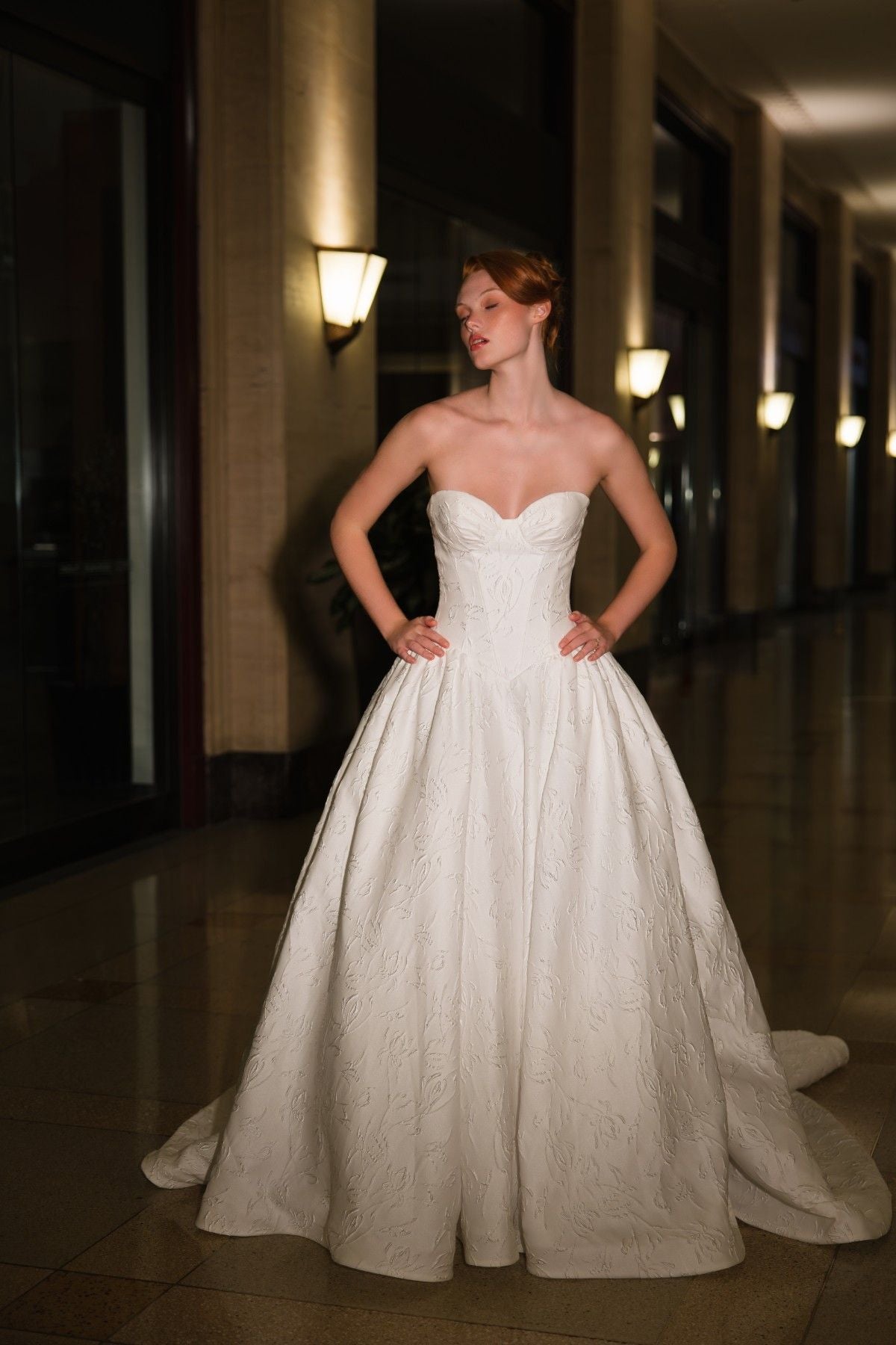 CHRISSY strapless sweetheart jacquard ballgown wedding dress, front view with train spread, by Atelier Wu