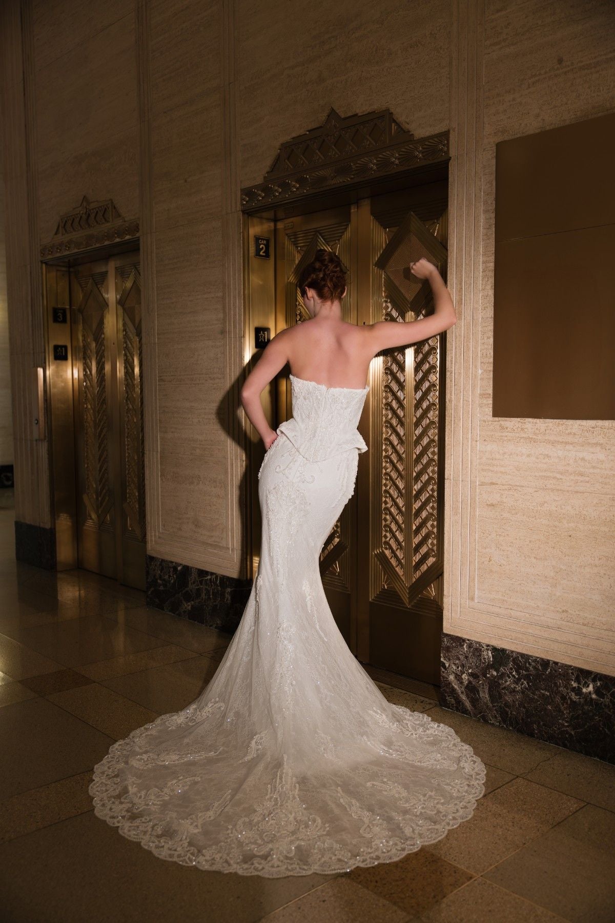 COSETTE strapless beaded lace mermaid wedding dress with peplum waist, full back view with lace train, by Atelier Wu
