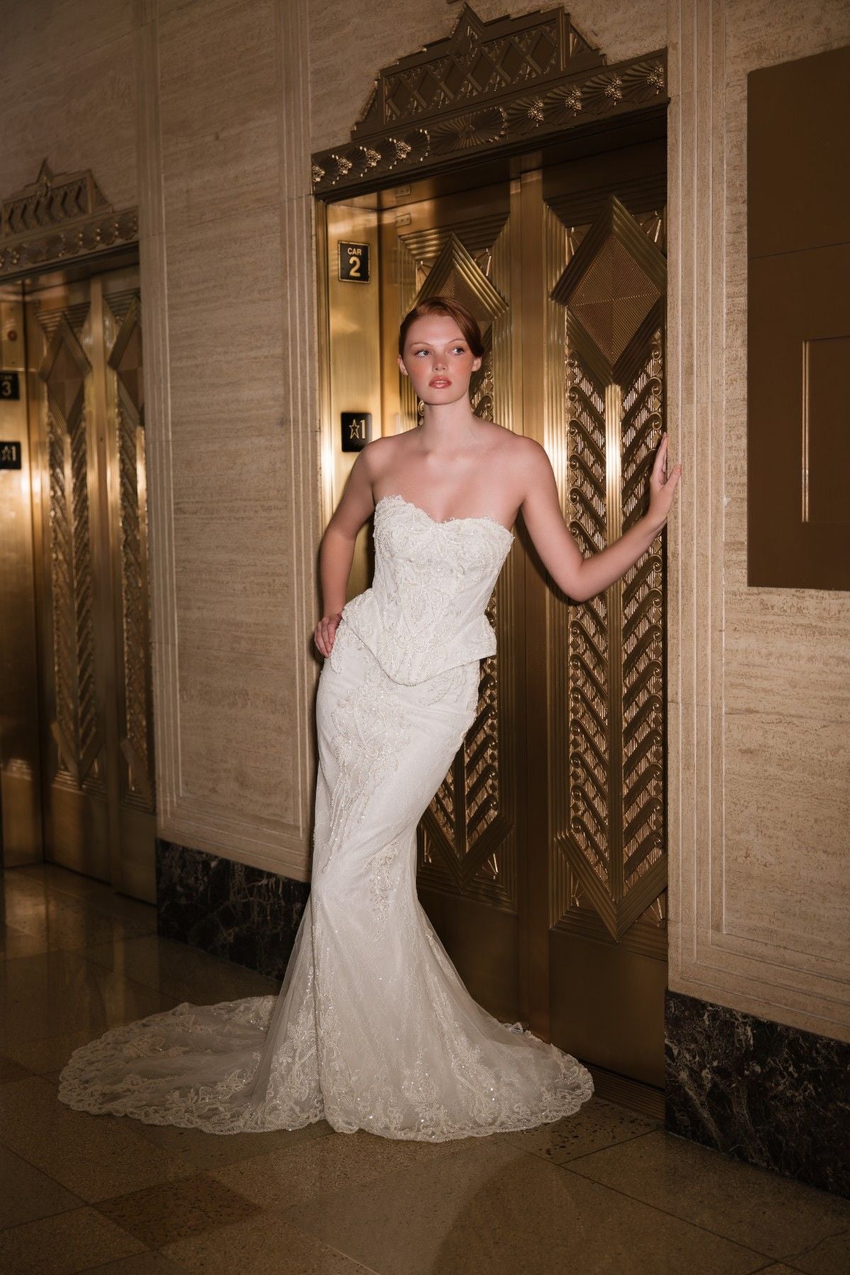 COSETTE strapless beaded lace mermaid wedding dress with peplum waist, full-length front view, by Atelier Wu