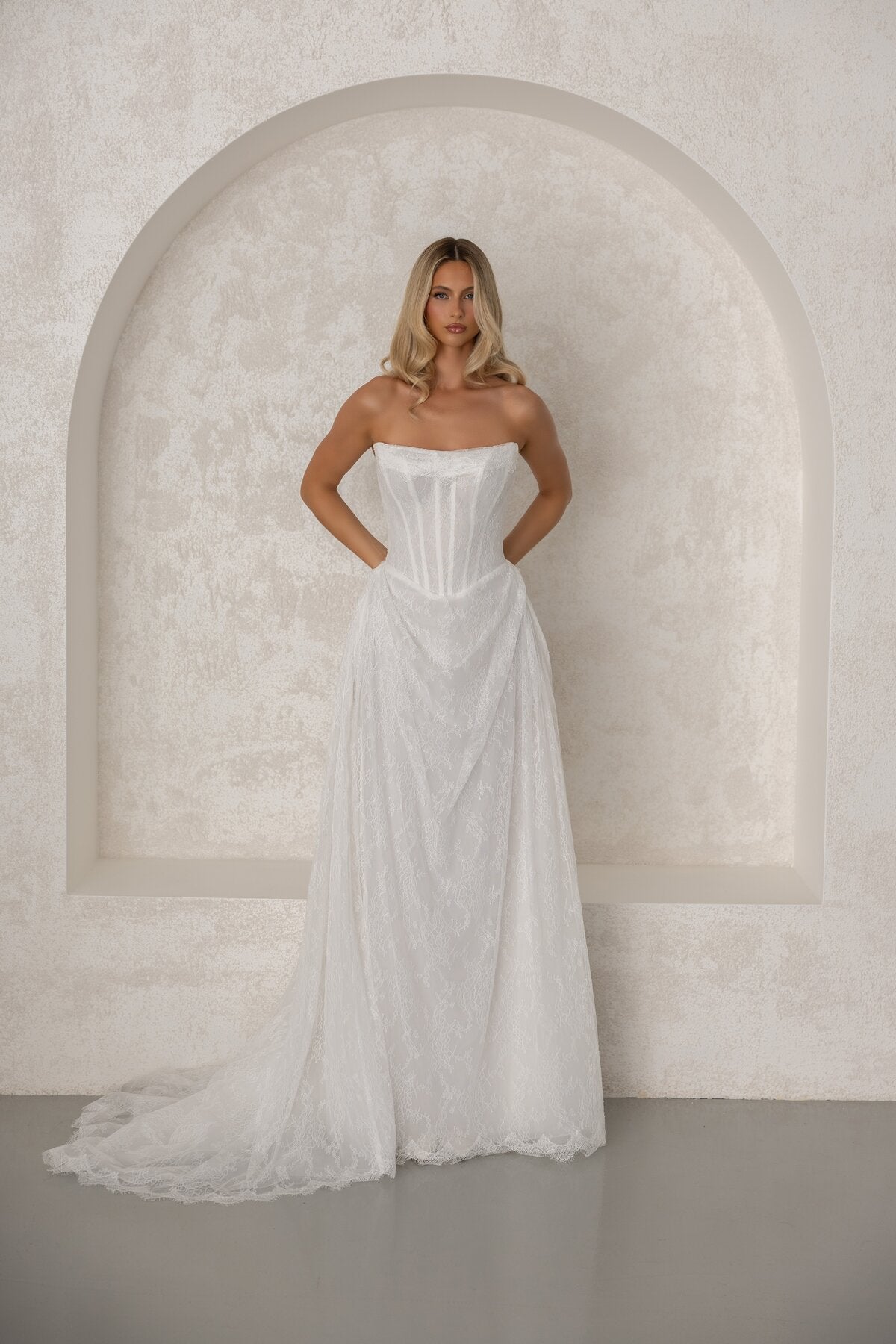 CYNTHIA sweetheart lace A-line wedding dress with scalloped hem by Miss Chloe