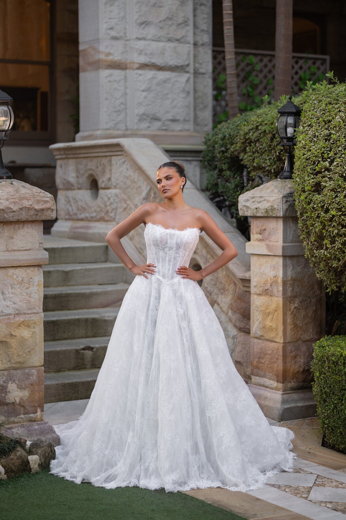 DAHLIA strapless lace A-line wedding dress with corset bodice and floral lace detailing by Jessica Couture