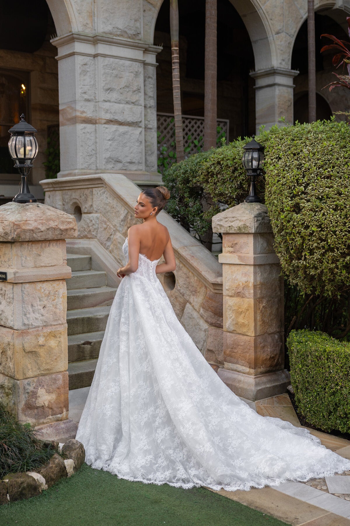 DAHLIA strapless lace A-line wedding dress with corset bodice and floral lace detailing by Jessica Couture