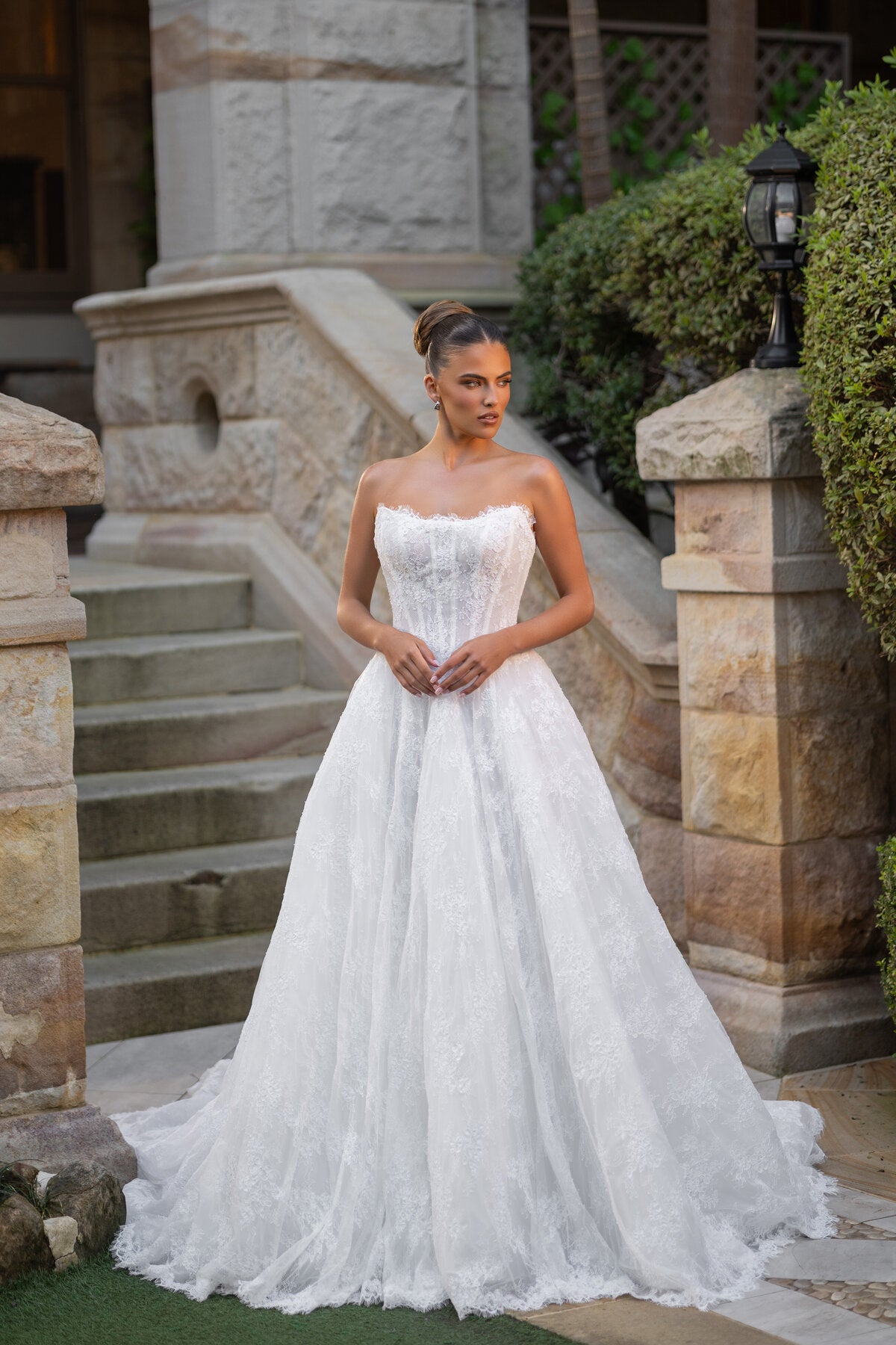 DAHLIA strapless lace A-line wedding dress with corset bodice and floral lace detailing by Jessica Couture