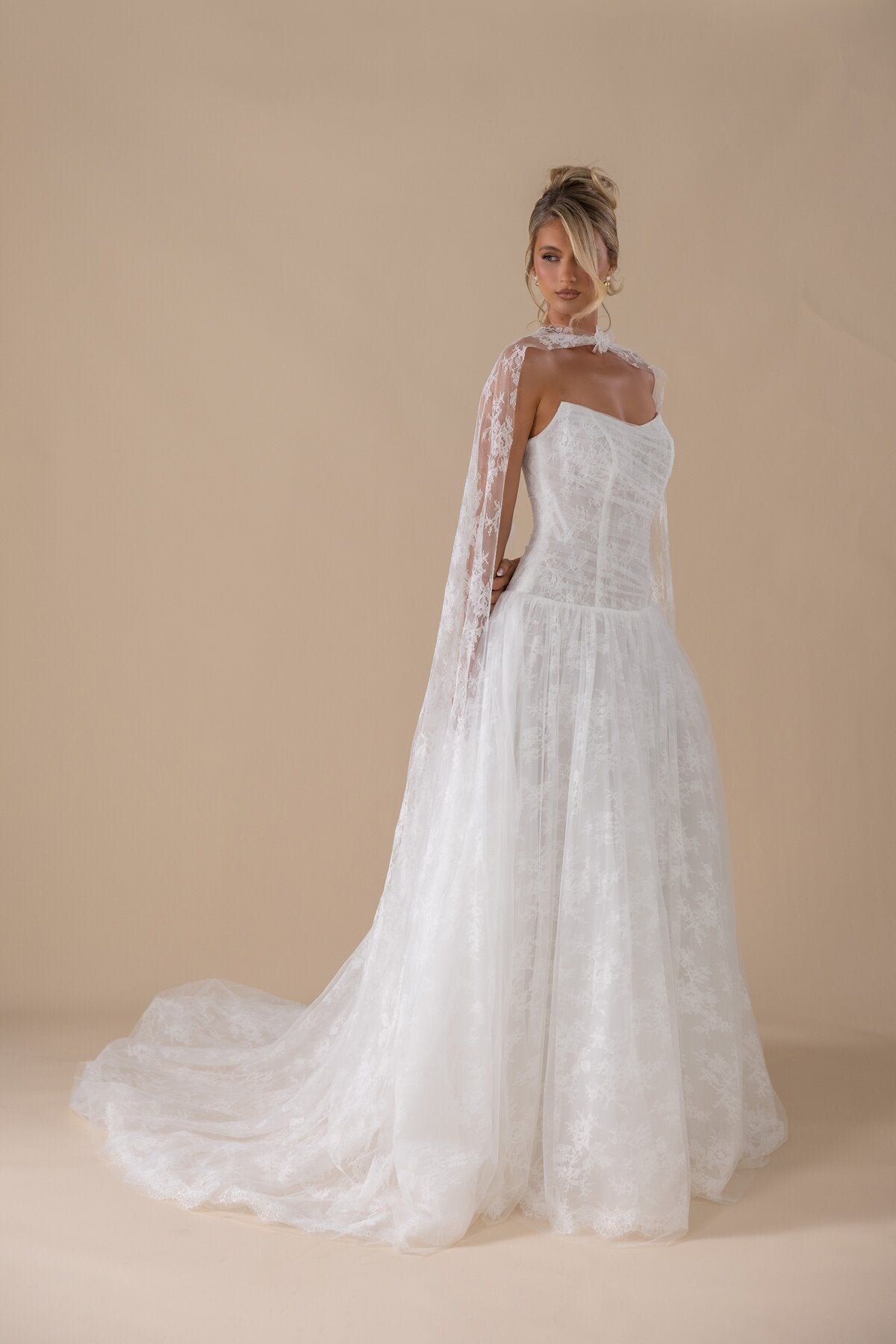 ELAINE lace and tulle A-line wedding dress with sheer lace cape by Miss Chloe
