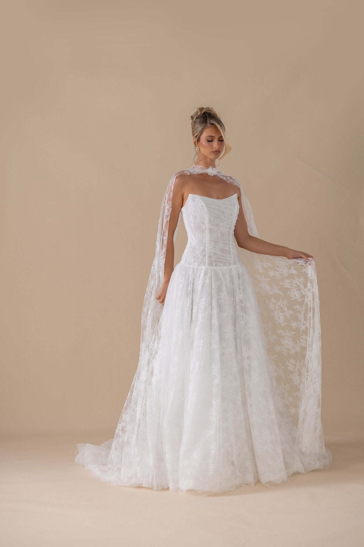 ELAINE lace and tulle A-line wedding dress with sheer lace cape by Miss Chloe