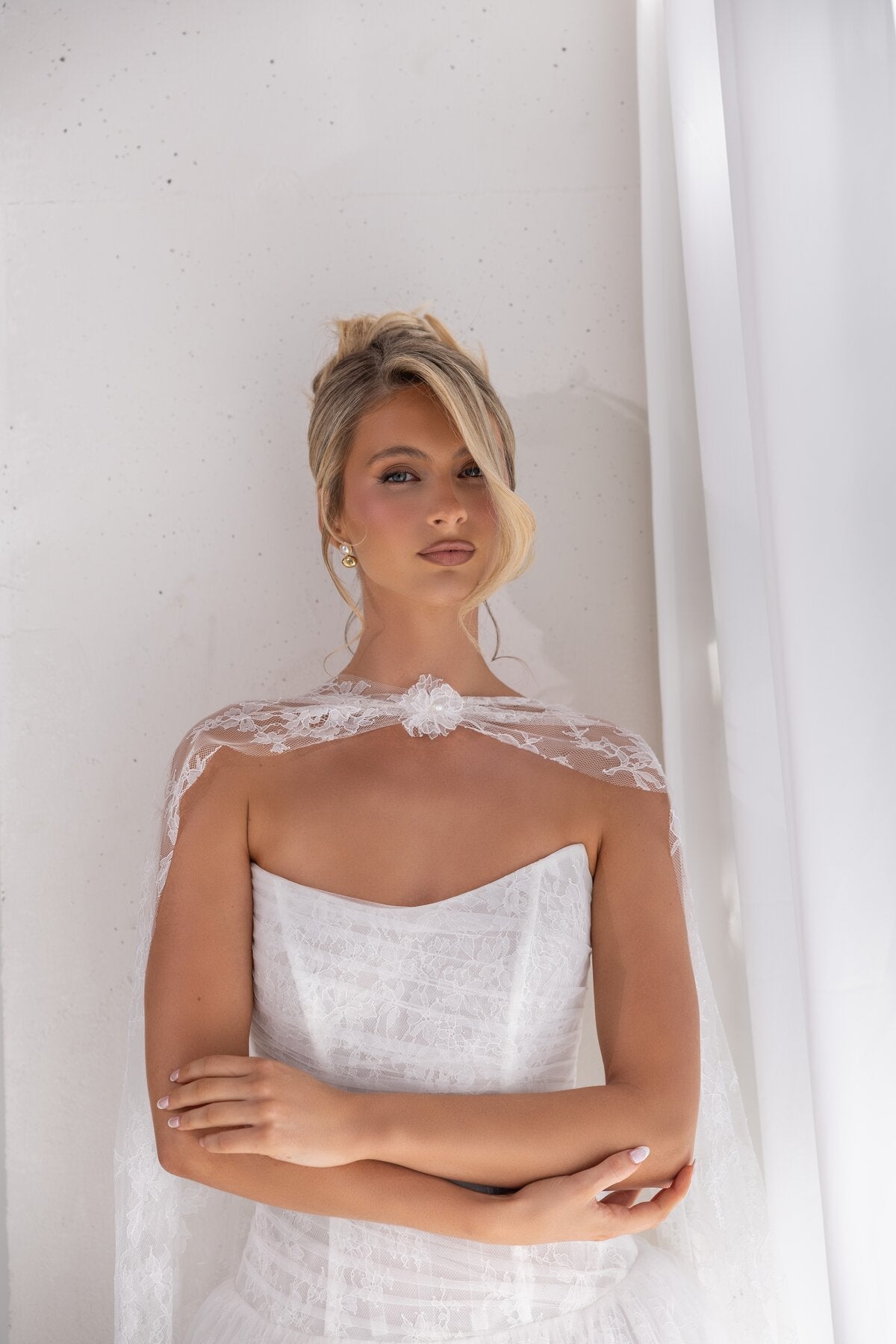 ELAINE lace and tulle A-line wedding dress with sheer lace cape by Miss Chloe