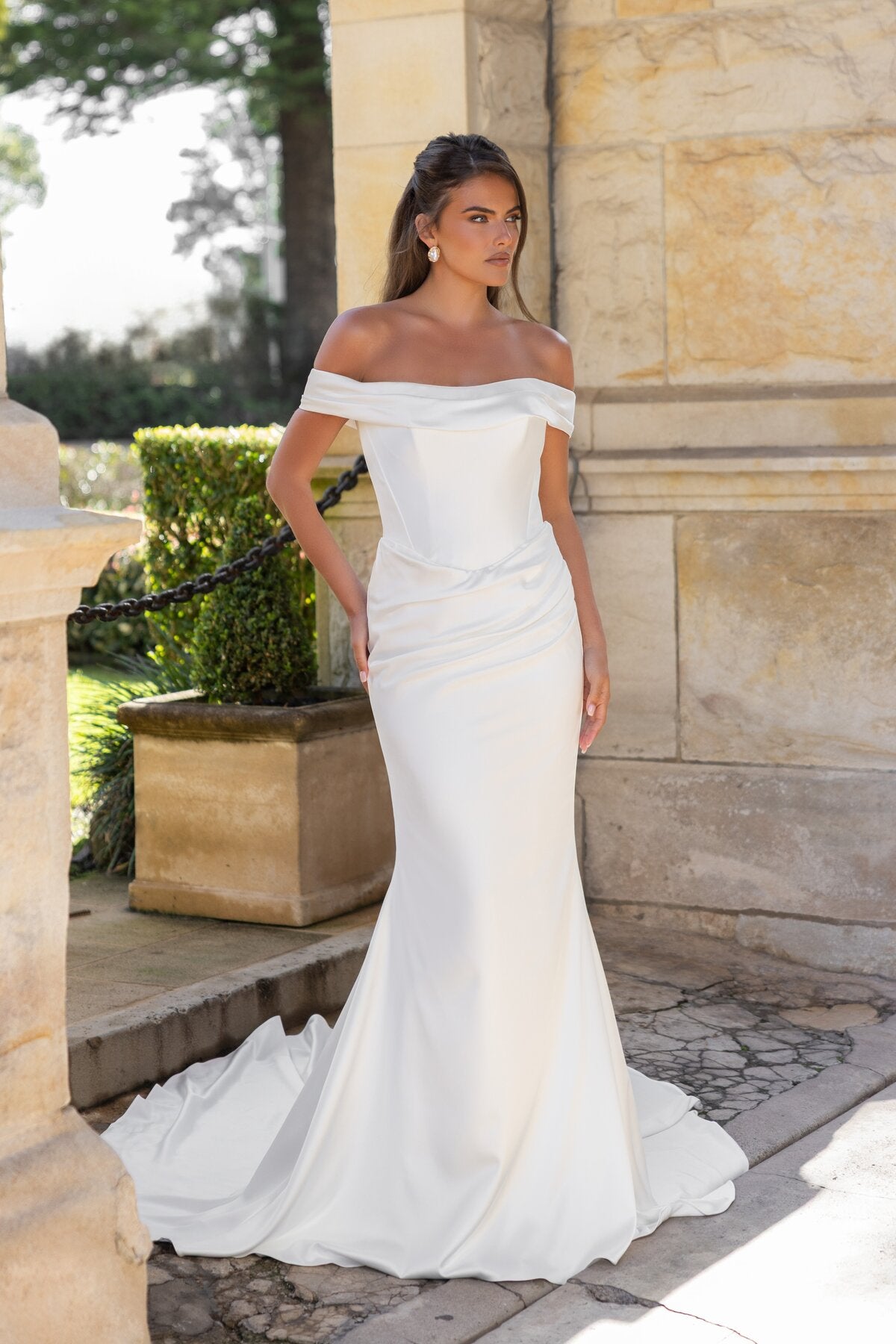 ELENA off-the-shoulder fitted wedding dress with folded neckline and draped waist by Jessica Couture