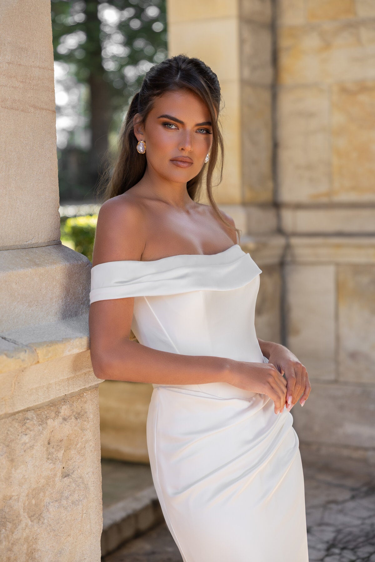 ELENA off-the-shoulder fitted wedding dress with folded neckline and draped waist by Jessica Couture