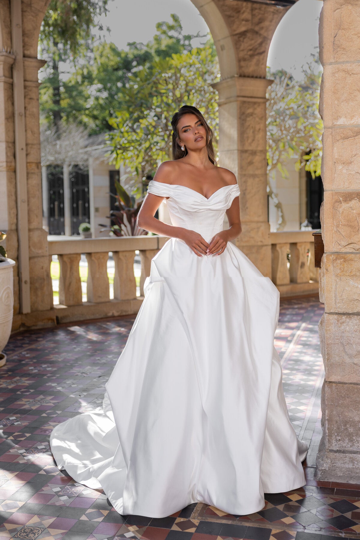 ELLIANA off-the-shoulder satin ball gown wedding dress with draped neckline and structured bodice by Jessica Couture