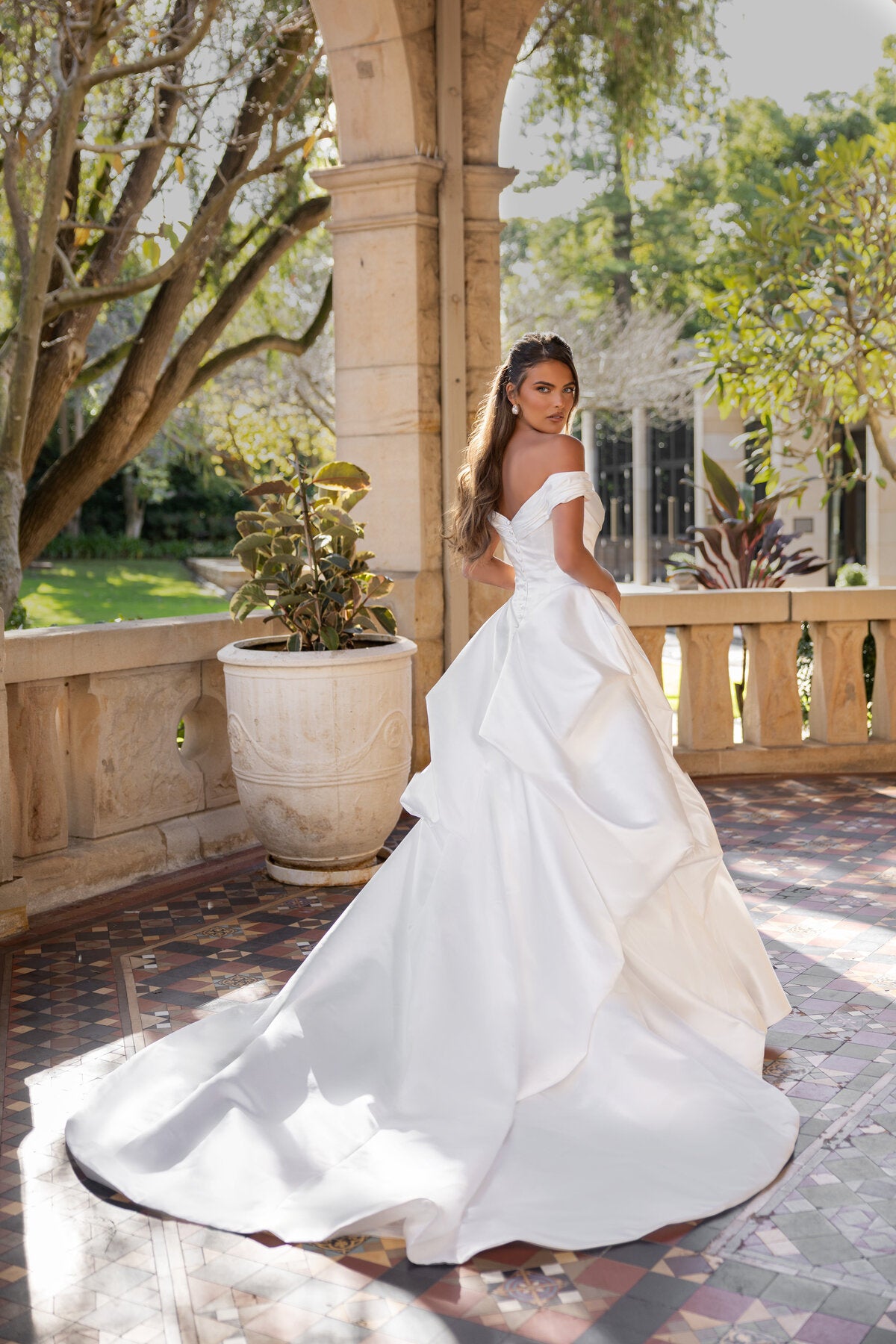 ELLIANA off-the-shoulder satin ball gown wedding dress with draped neckline and structured bodice by Jessica Couture