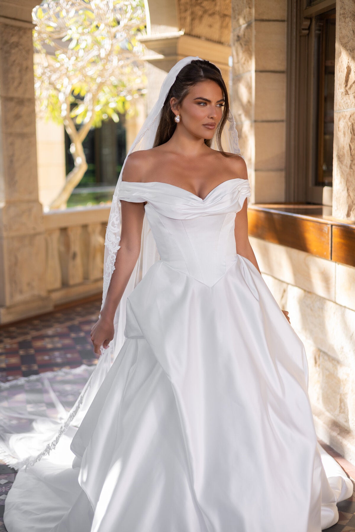 ELLIANA off-the-shoulder satin ball gown wedding dress with draped neckline and structured bodice by Jessica Couture