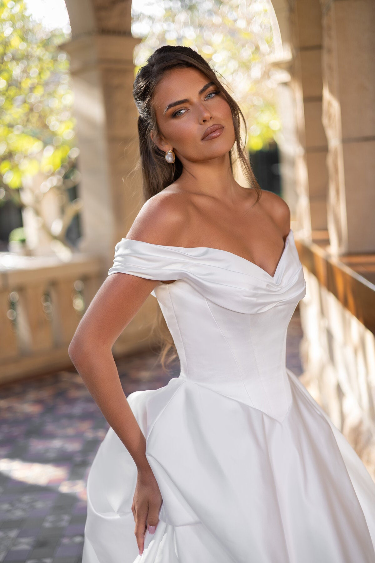 ELLIANA off-the-shoulder satin ball gown wedding dress with draped neckline and structured bodice by Jessica Couture