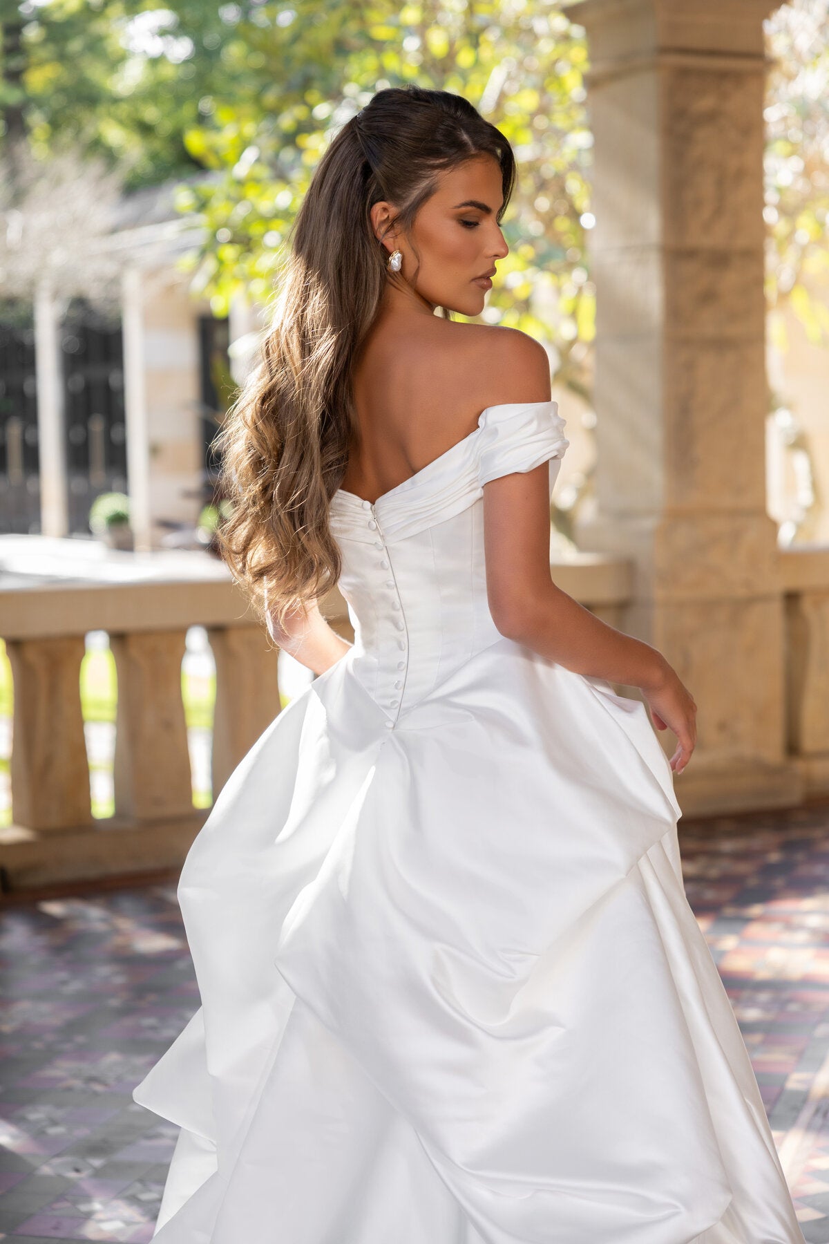 ELLIANA off-the-shoulder satin ball gown wedding dress with draped neckline and structured bodice by Jessica Couture