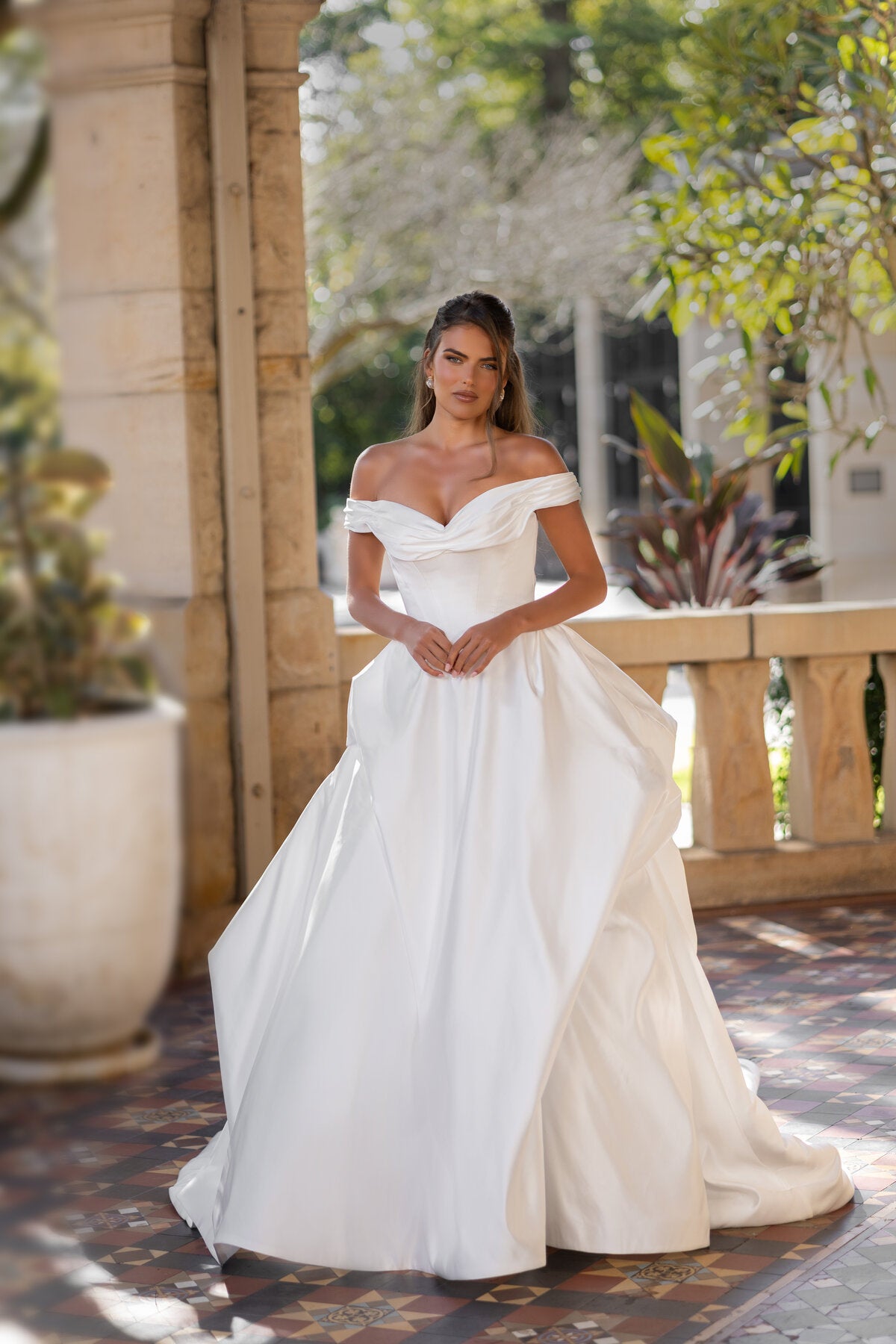 ELLIANA off-the-shoulder satin ball gown wedding dress with draped neckline and structured bodice by Jessica Couture