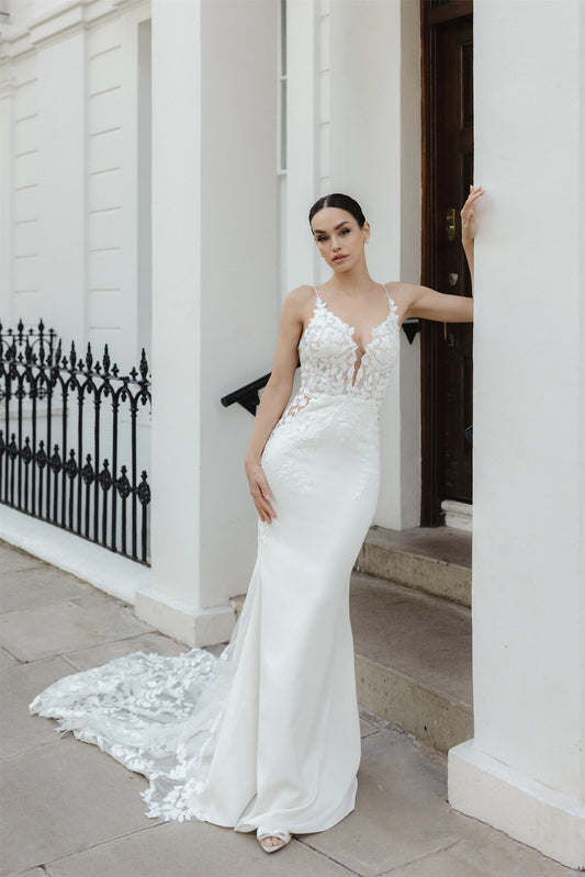 EVELYN Bridal gown - by Windsor collection Jessica Couture. Fit-n-Flare, V-plunge neckline floral lace gown with chapel train 